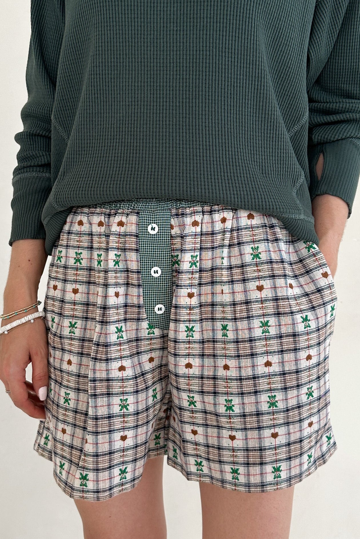 Ralphie Teddy Bear Plaid Boxer Shorts in Evergreen