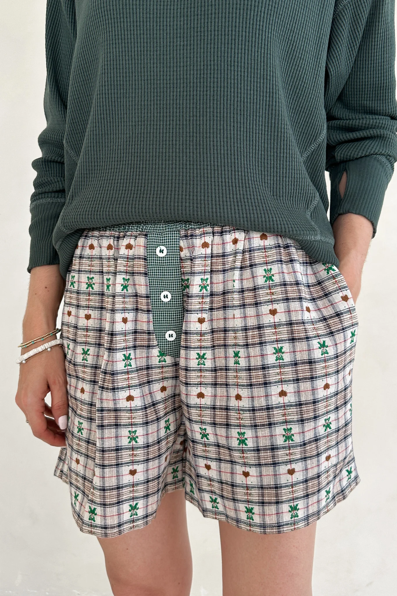 Ralphie Teddy Bear Plaid Boxer Shorts in Evergreen - Image 2