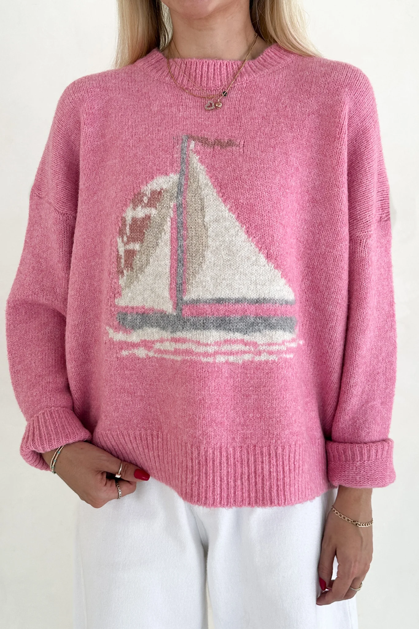 Sail Away Sailboat Knit Sweater in Pink