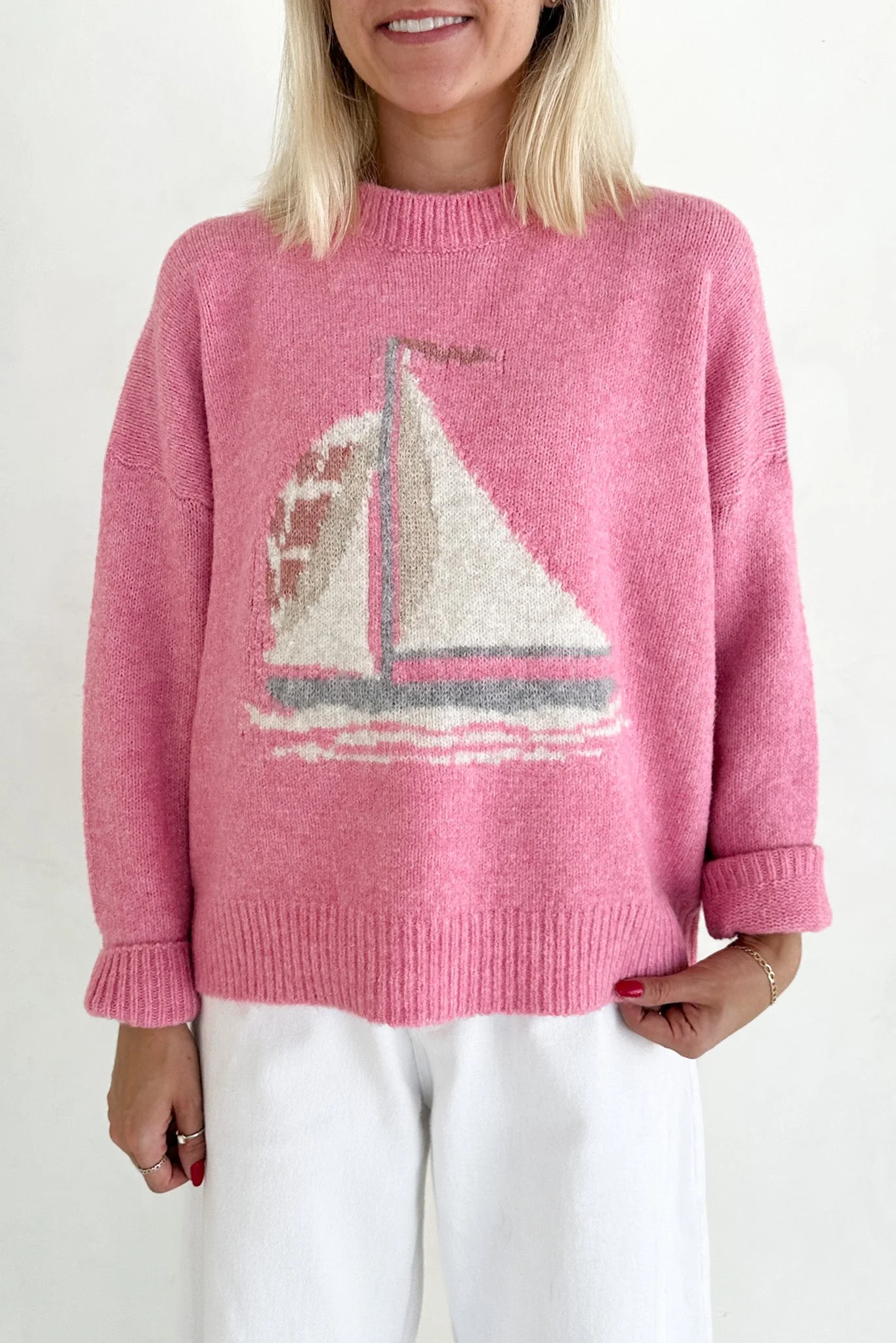 Sail Away Sailboat Knit Sweater in Pink - Image 2