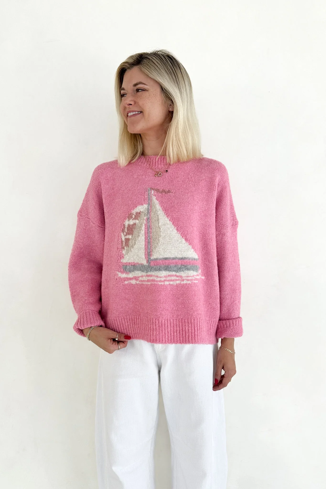 Sail Away Sailboat Knit Sweater in Pink - Image 4