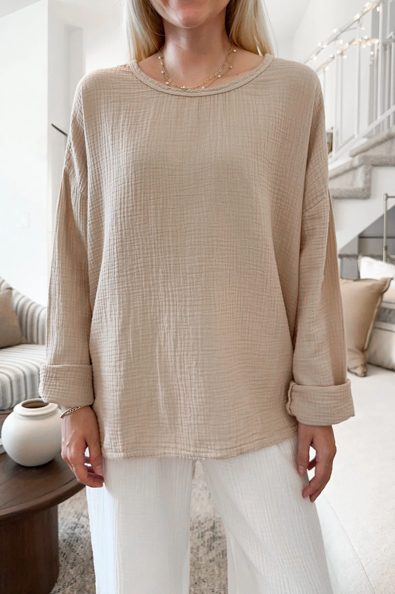 Saturdays Long Sleeve Cotton Blouse in Sand