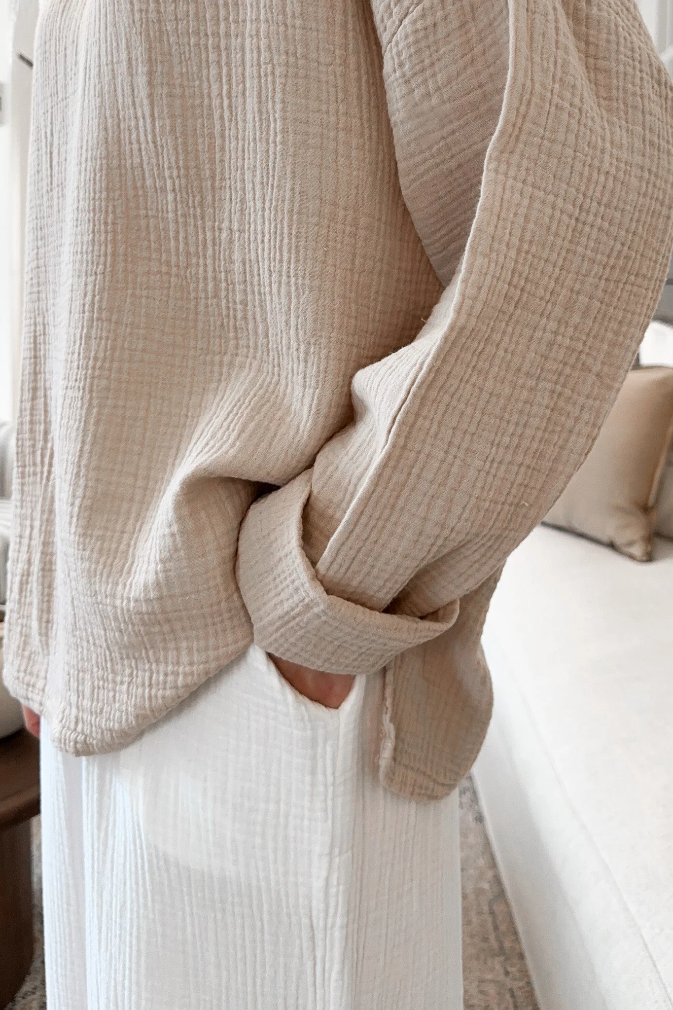 Saturdays Long Sleeve Cotton Blouse in Sand - Image 2