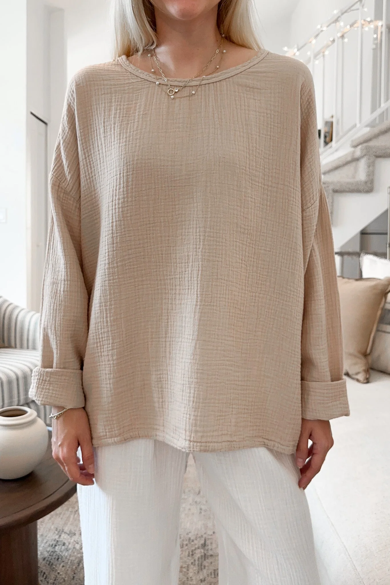 Saturdays Long Sleeve Cotton Blouse in Sand - Image 3