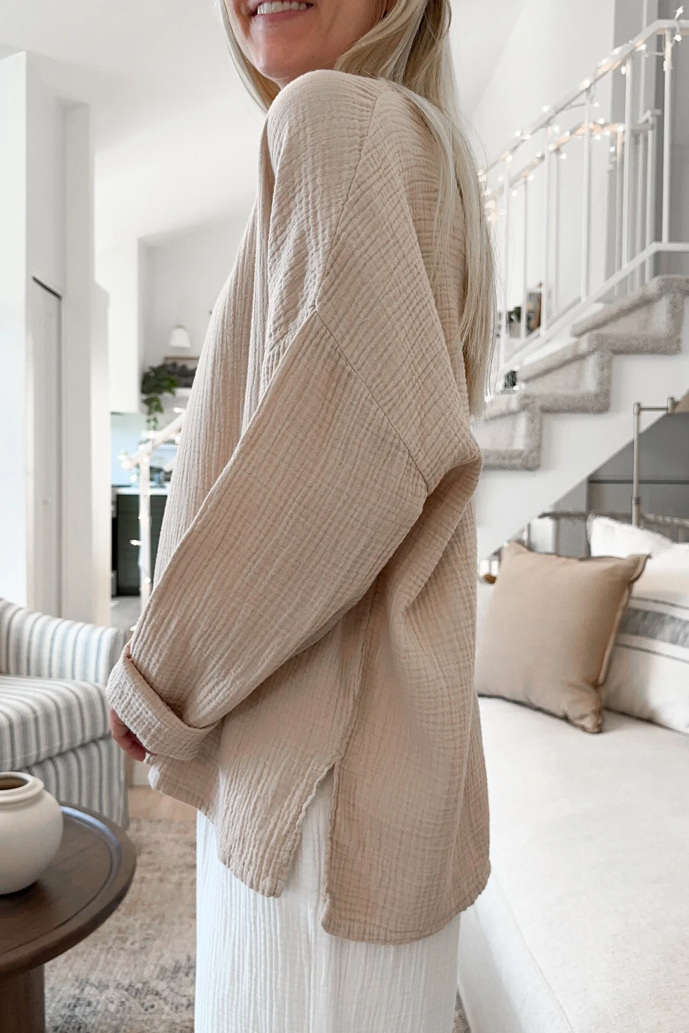 Saturdays Long Sleeve Cotton Blouse in Sand - Image 4