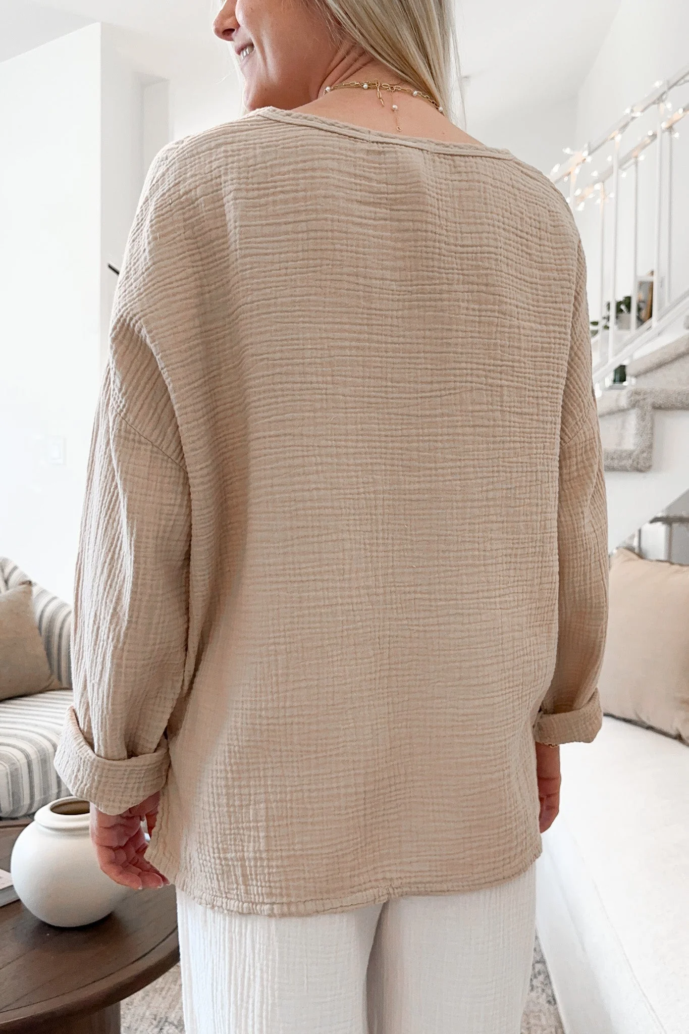 Saturdays Long Sleeve Cotton Blouse in Sand - Image 5