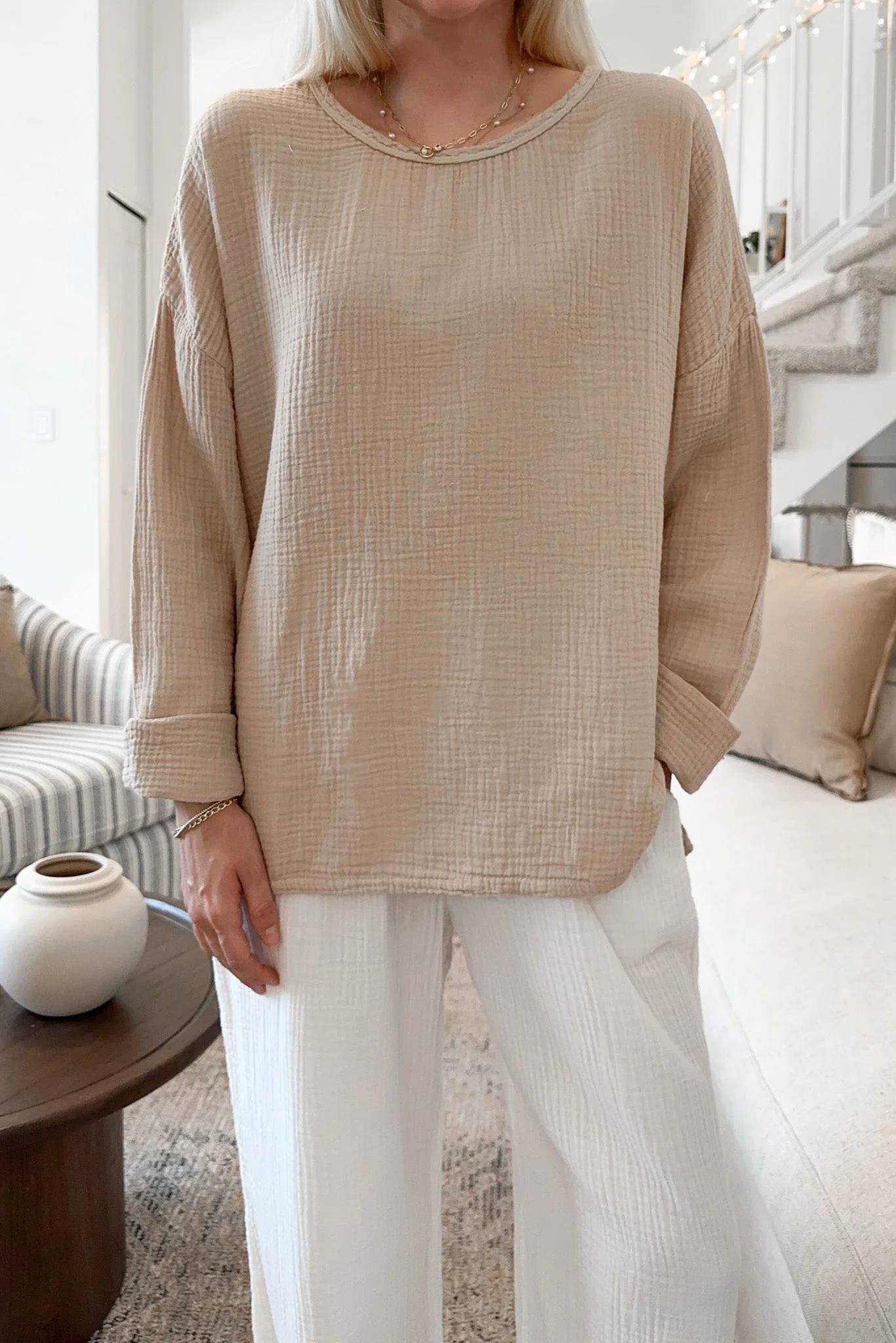 Saturdays Long Sleeve Cotton Blouse in Sand - Image 6