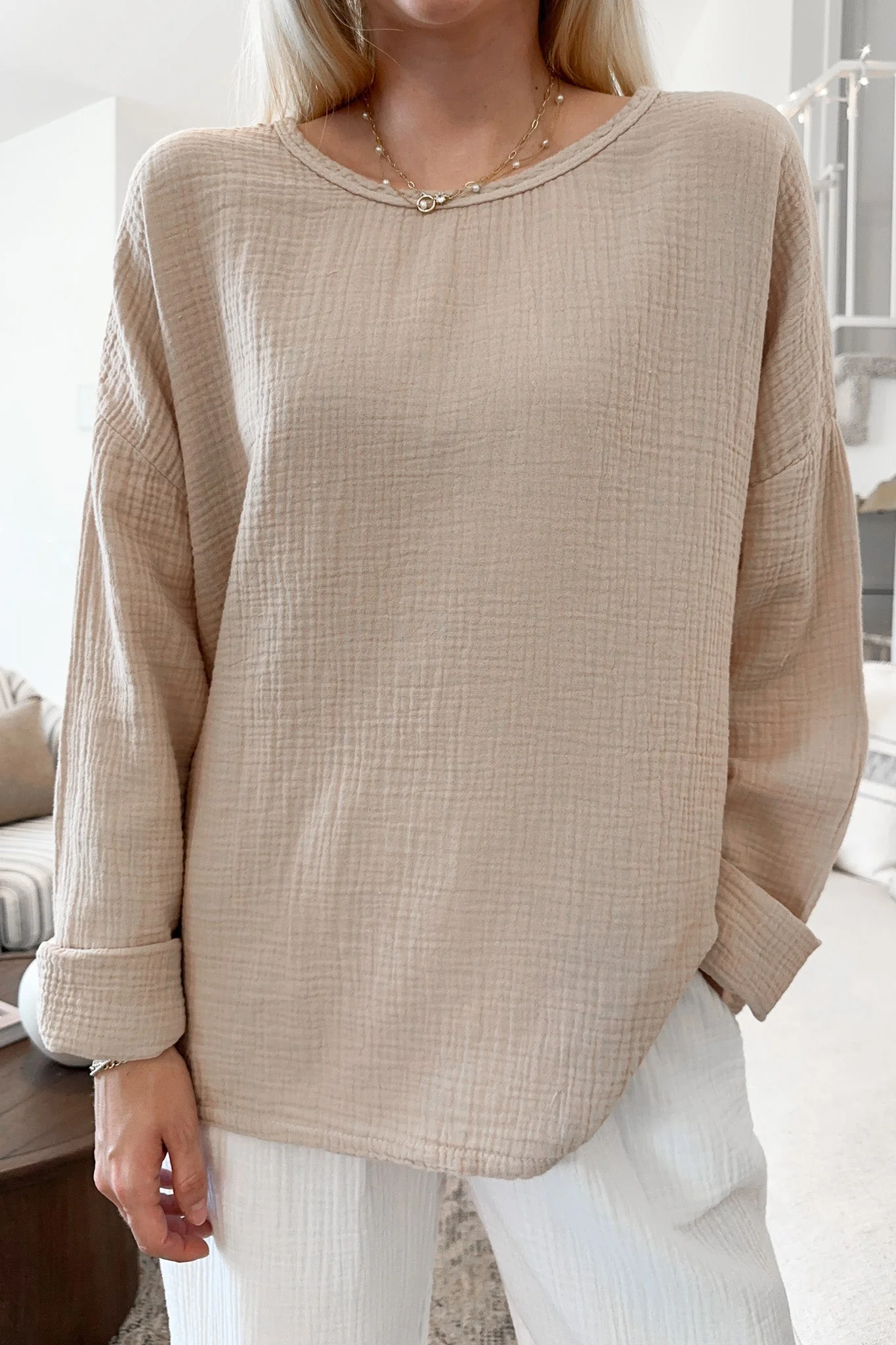 Saturdays Long Sleeve Cotton Blouse in Sand - Image 7