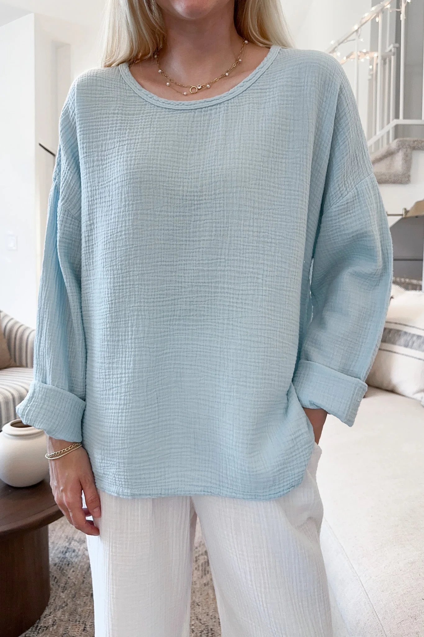 Saturdays Long Sleeve Cotton Blouse in Surf Blue