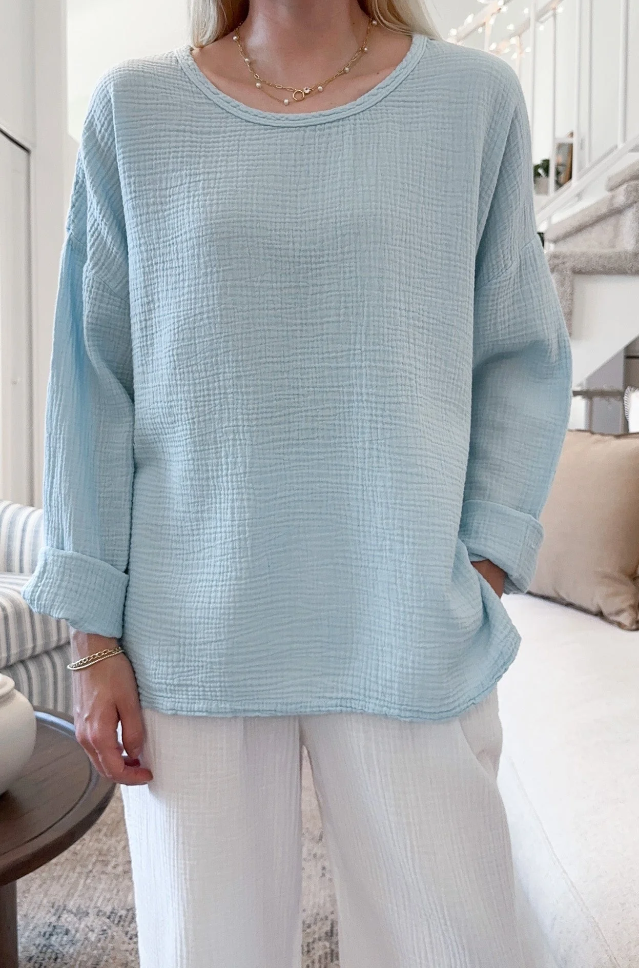 Saturdays Long Sleeve Cotton Blouse in Surf Blue - Image 2