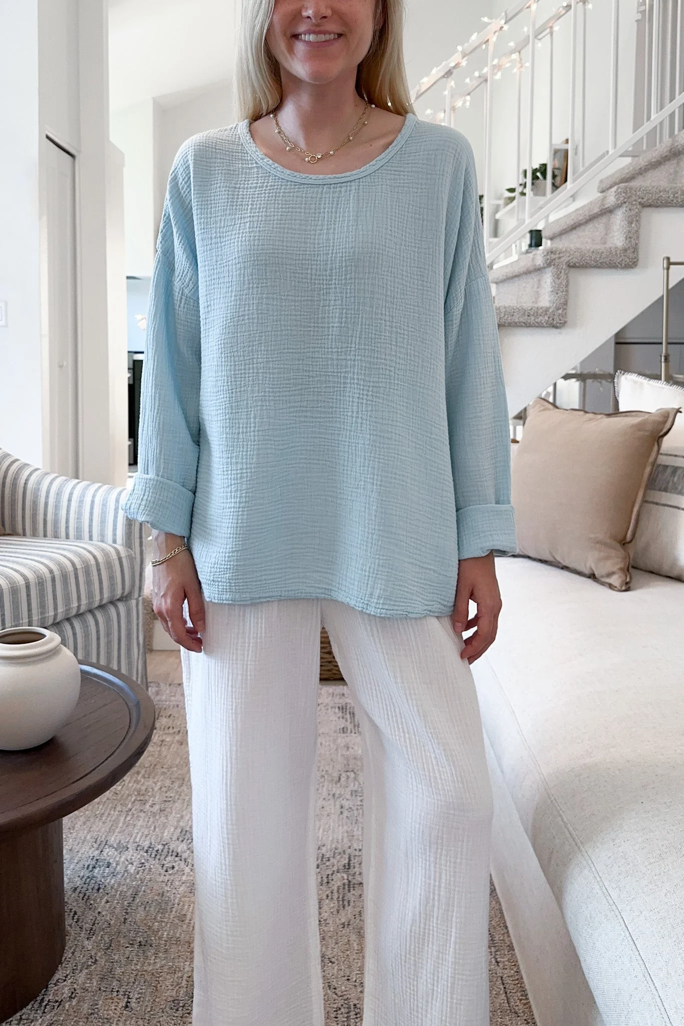 Saturdays Long Sleeve Cotton Blouse in Surf Blue - Image 3