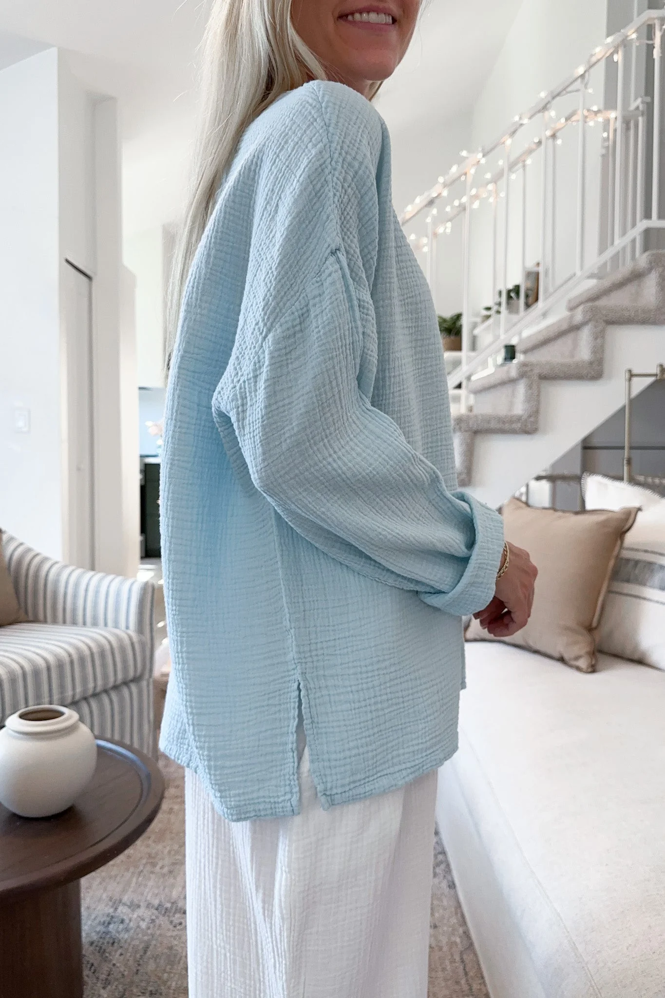 Saturdays Long Sleeve Cotton Blouse in Surf Blue - Image 4