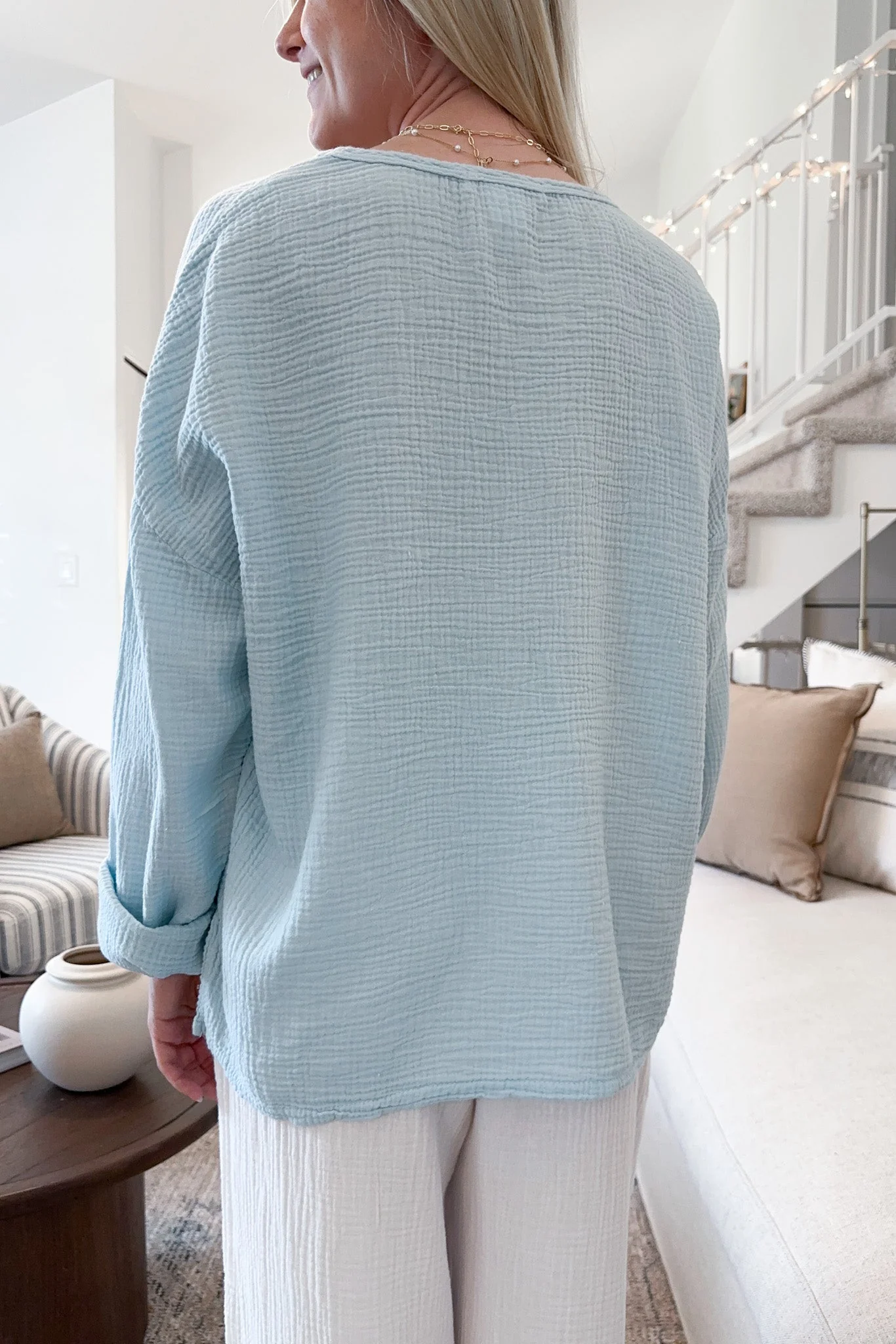 Saturdays Long Sleeve Cotton Blouse in Surf Blue - Image 5