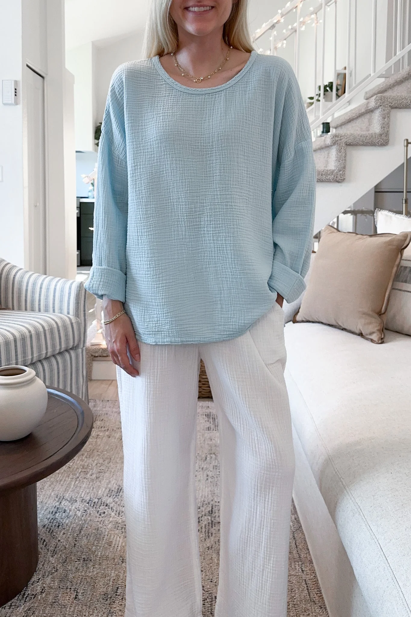 Saturdays Long Sleeve Cotton Blouse in Surf Blue - Image 6