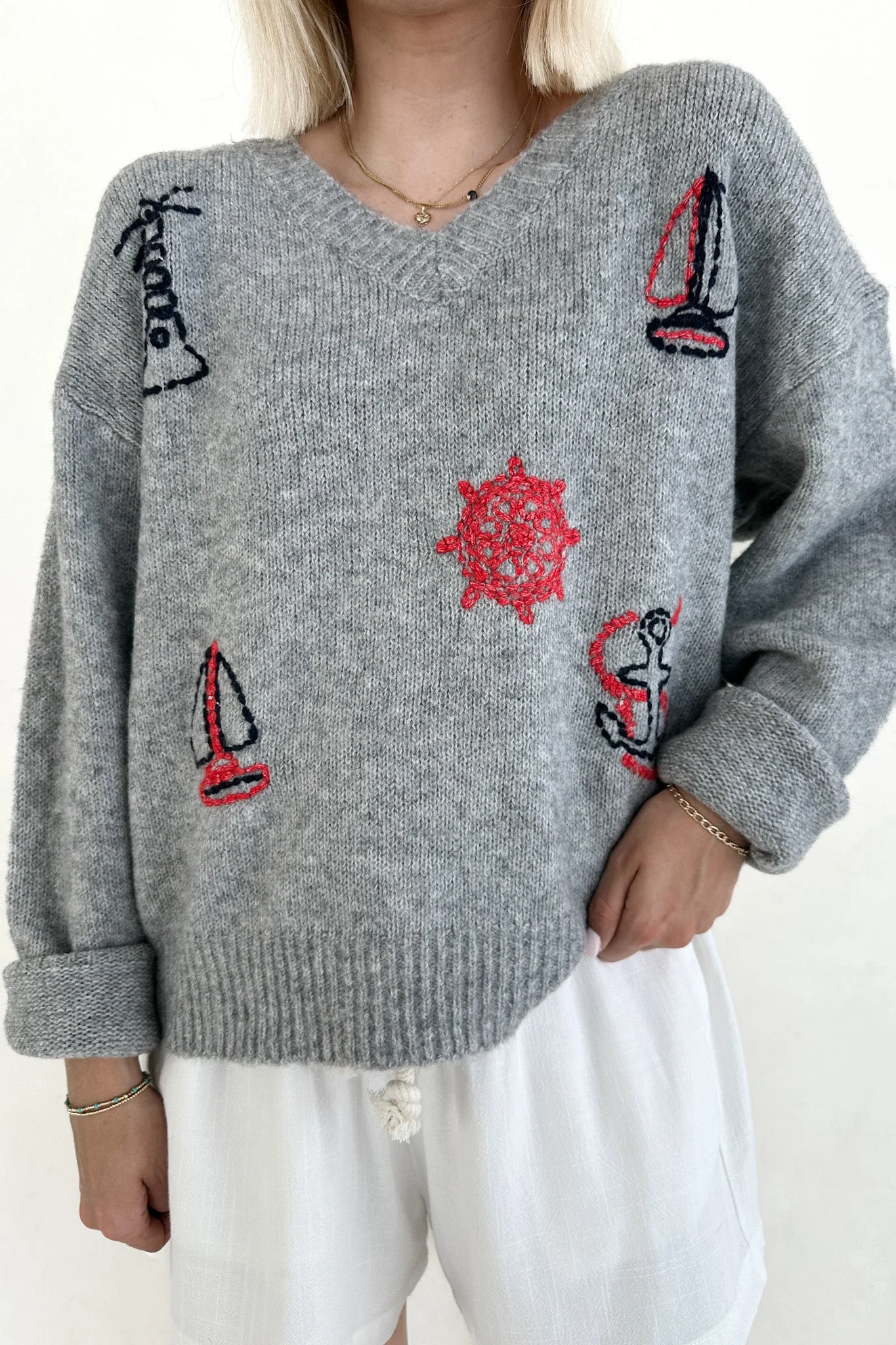 Sea You Soon Lightweight Stitched V-Neck Sweater