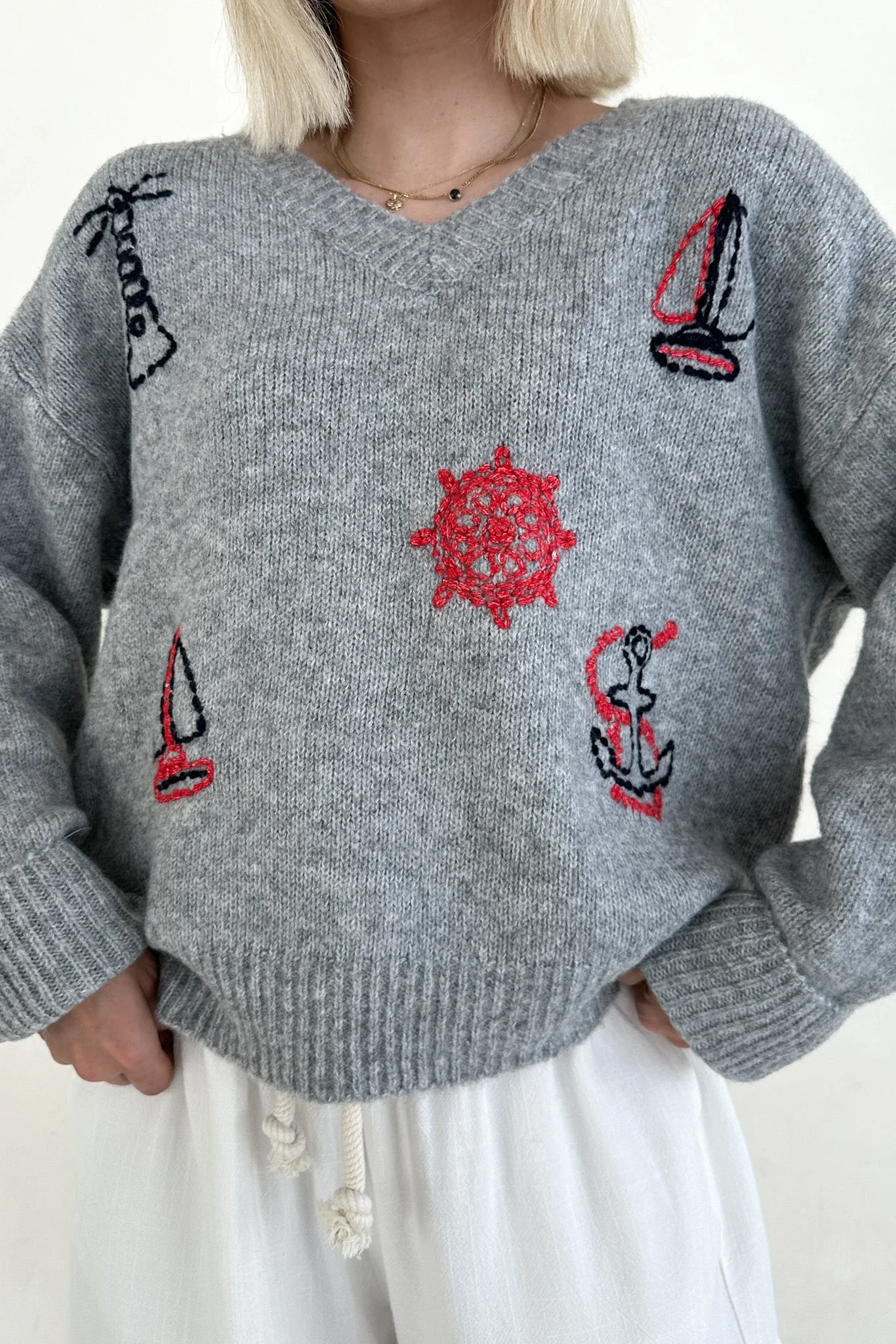 Sea You Soon Lightweight Stitched V-Neck Sweater - Image 2