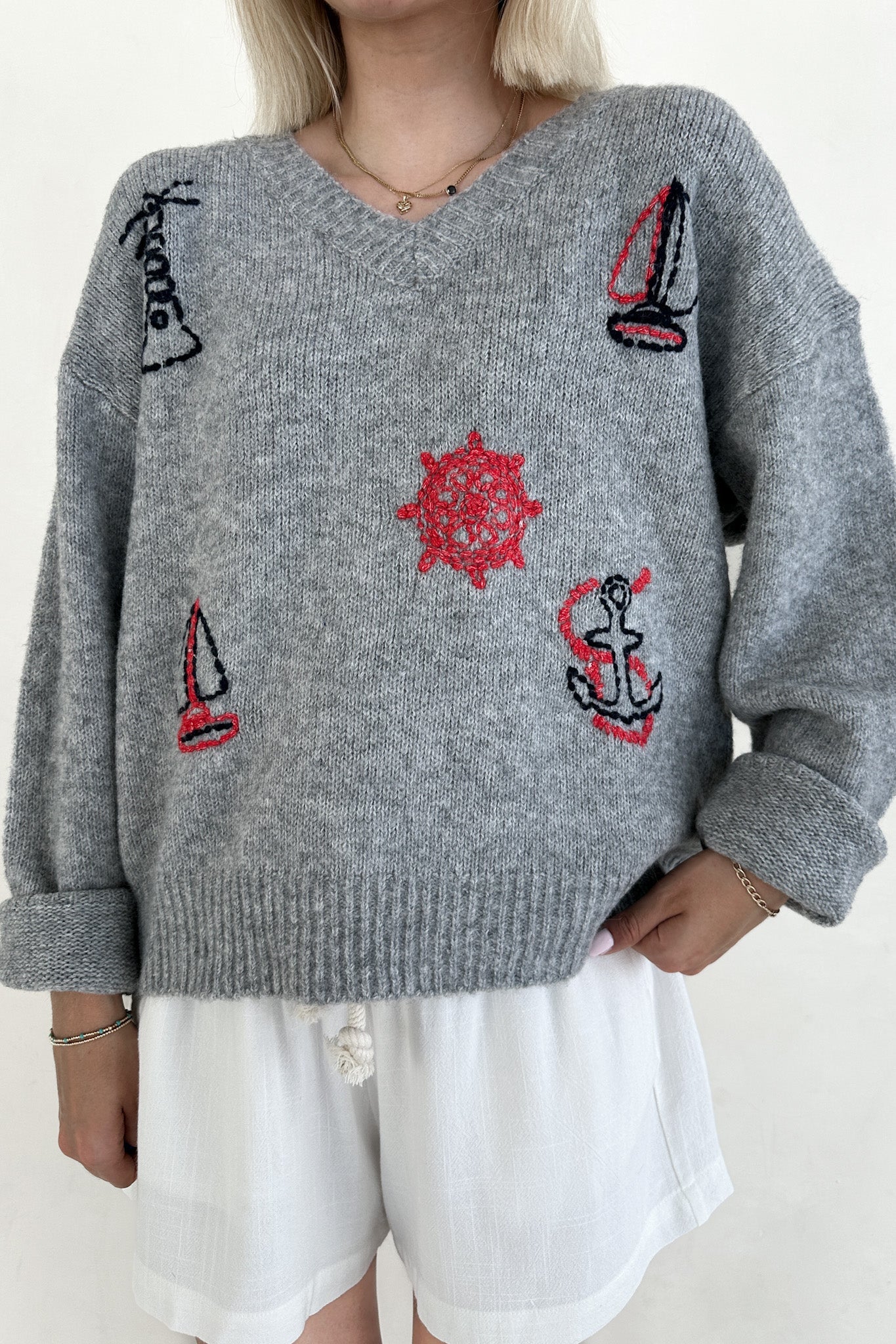 Sea You Soon Lightweight Stitched V-Neck Sweater - Image 5