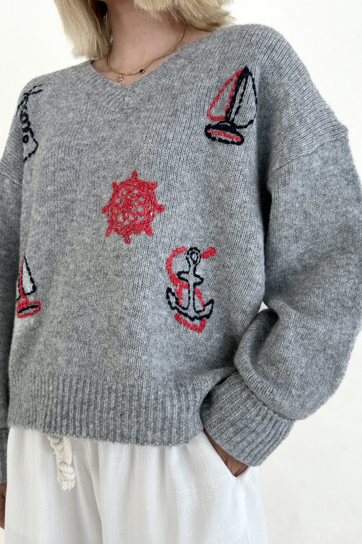 Sea You Soon Lightweight Stitched V-Neck Sweater - Image 6
