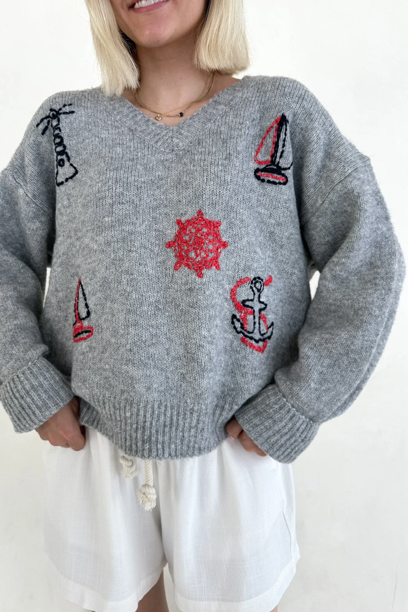 Sea You Soon Lightweight Stitched V-Neck Sweater - Image 9