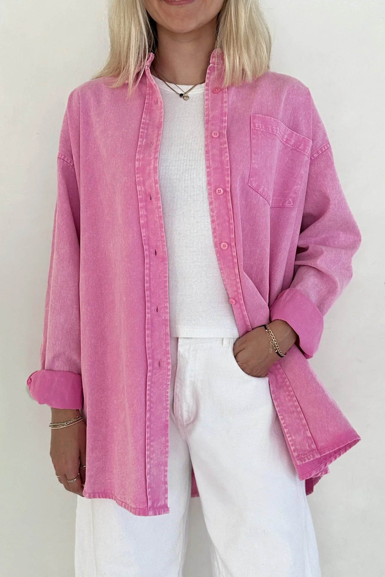 Sloan Pigment Washed Oversized Denim Shirt in Pink