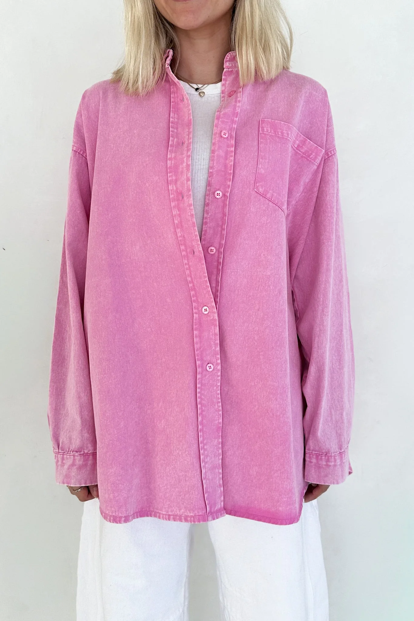 Sloan Pigment Washed Oversized Denim Shirt in Pink - Image 2