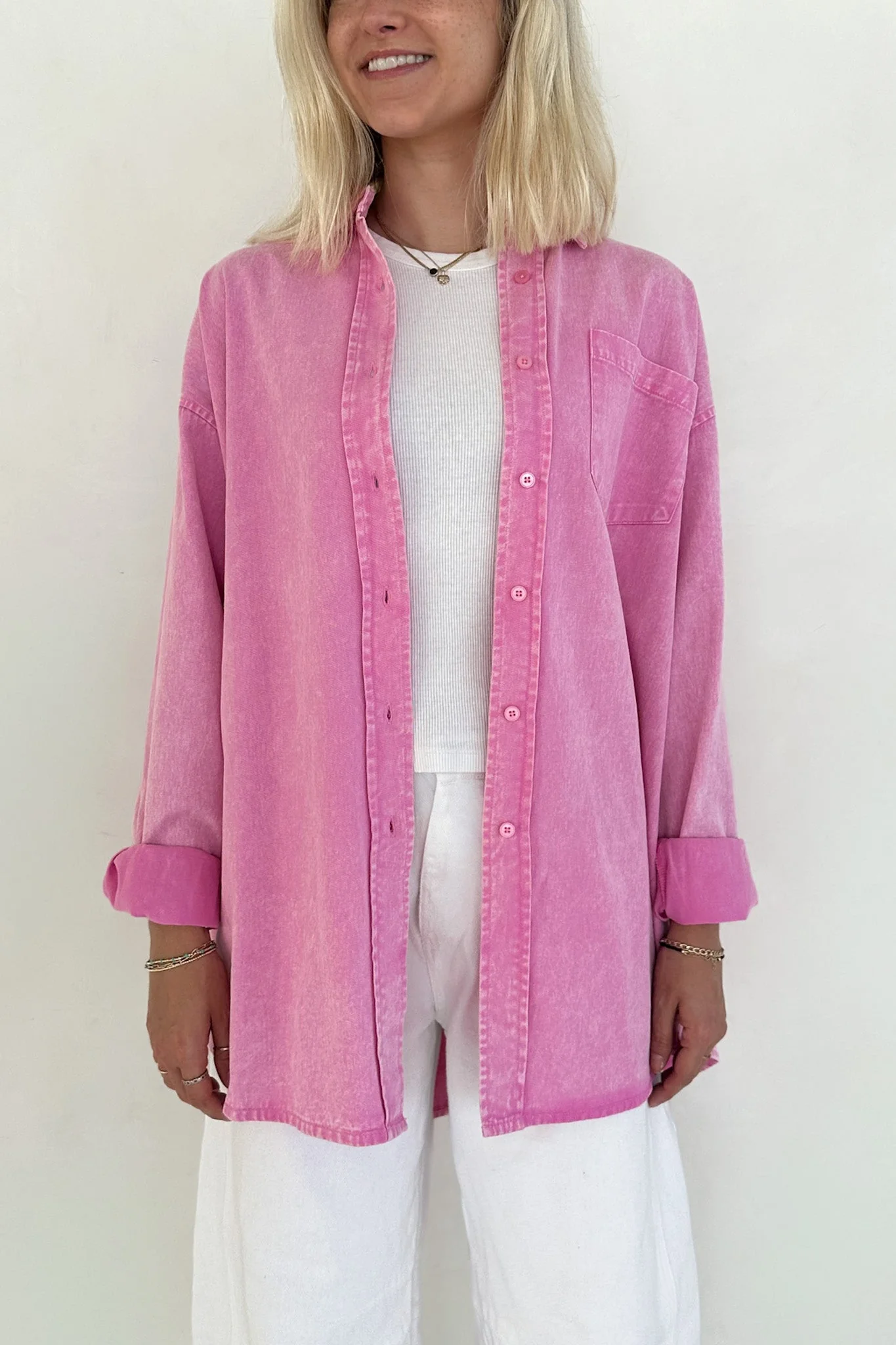 Sloan Pigment Washed Oversized Denim Shirt in Pink - Image 3