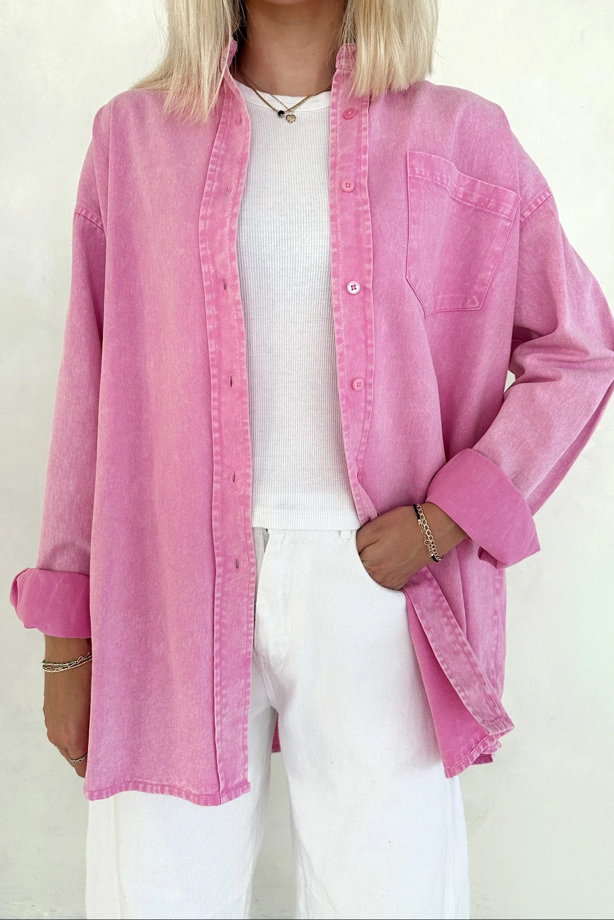 Sloan Pigment Washed Oversized Denim Shirt in Pink - Image 4