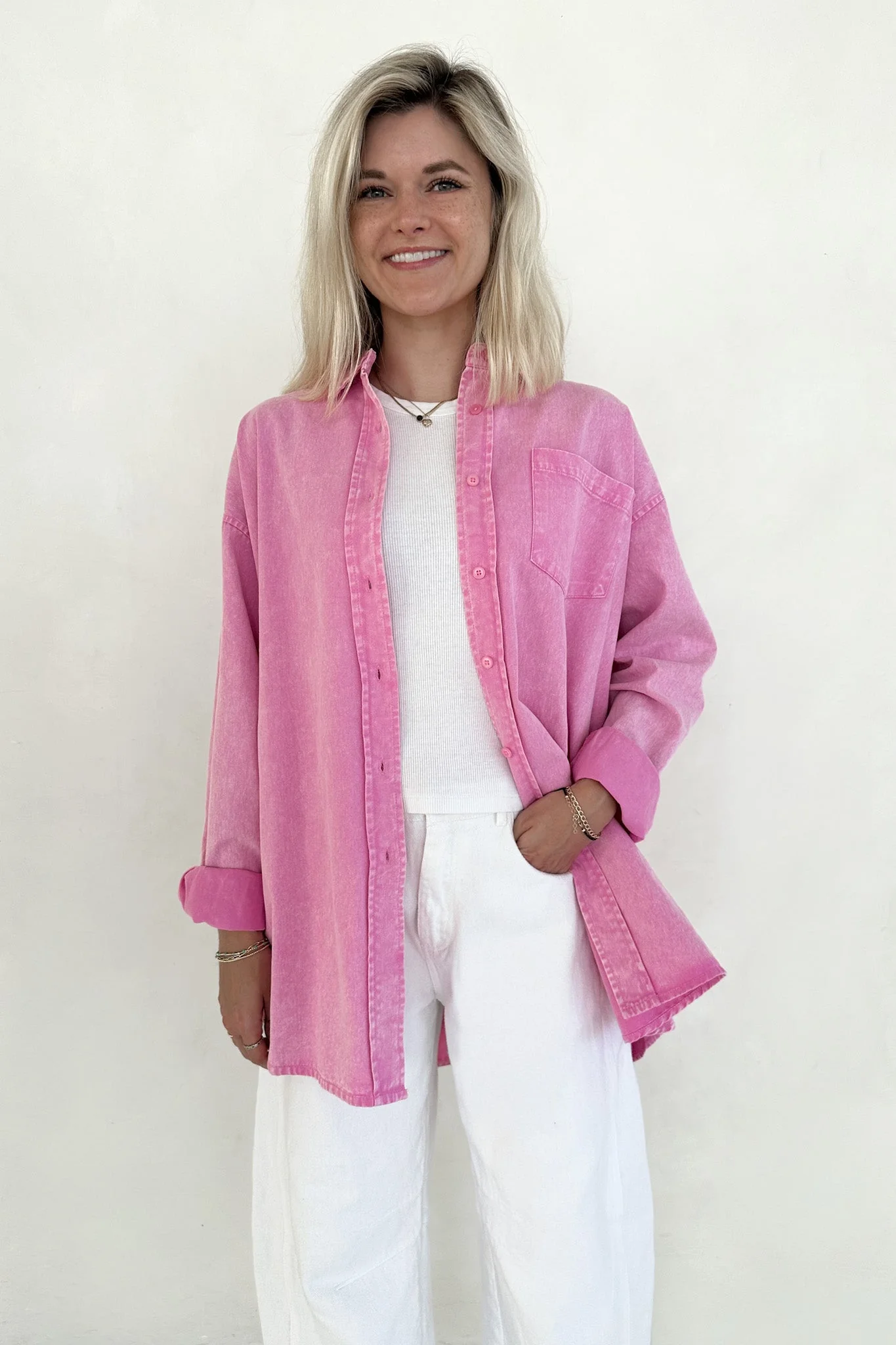 Sloan Pigment Washed Oversized Denim Shirt in Pink - Image 6