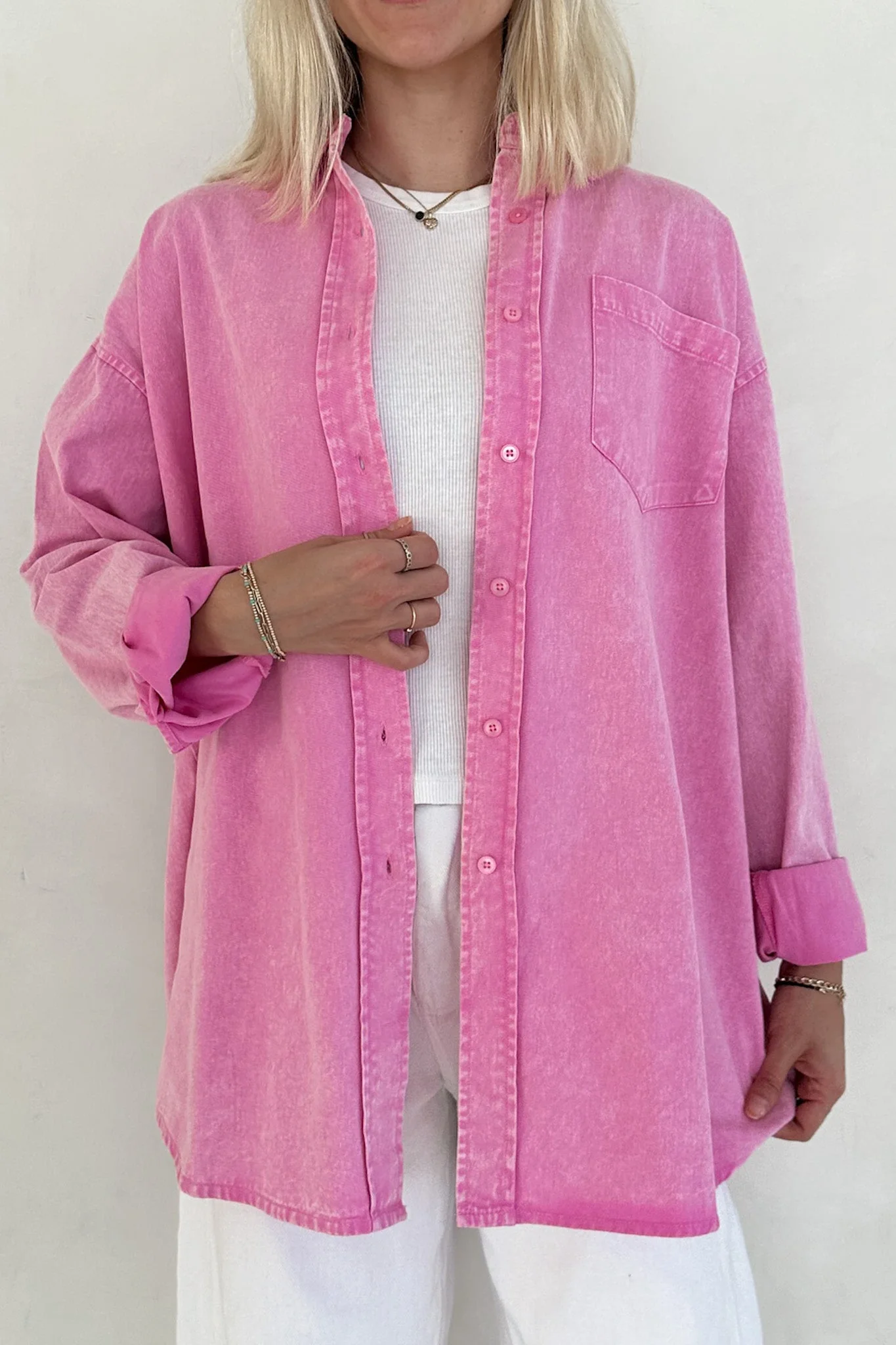 Sloan Pigment Washed Oversized Denim Shirt in Pink - Image 7