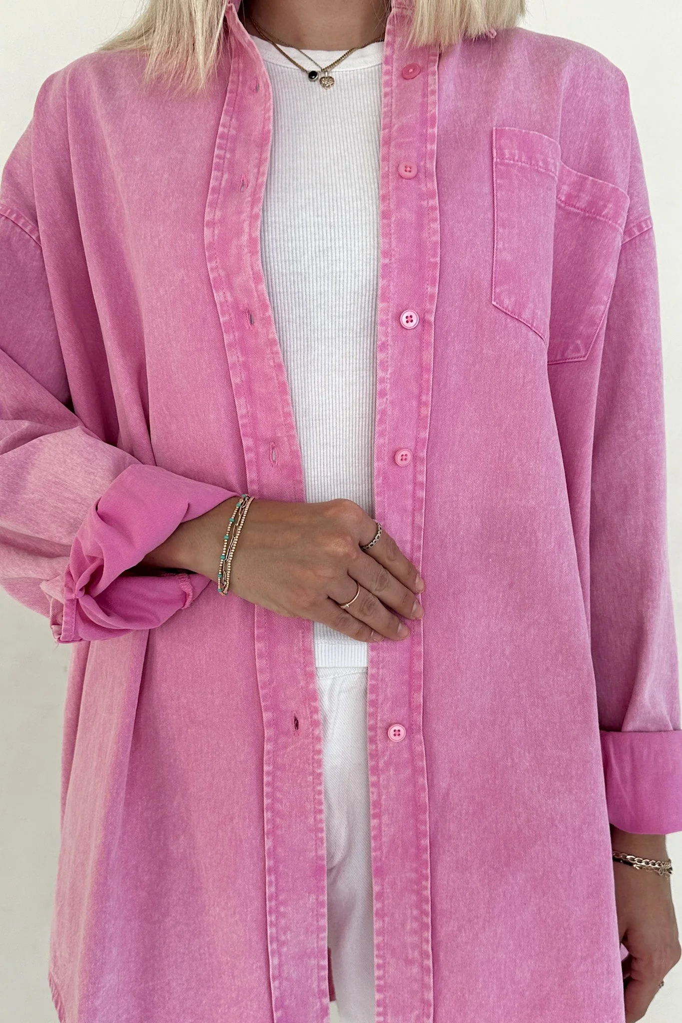 Sloan Pigment Washed Oversized Denim Shirt in Pink - Image 8