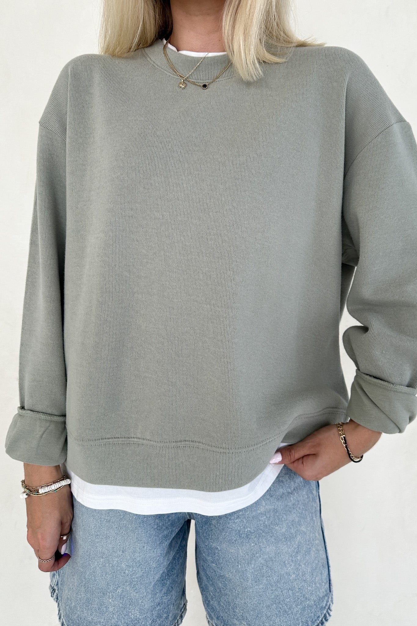 Sophie Crew Twofer Pullover in Sage - Image 7