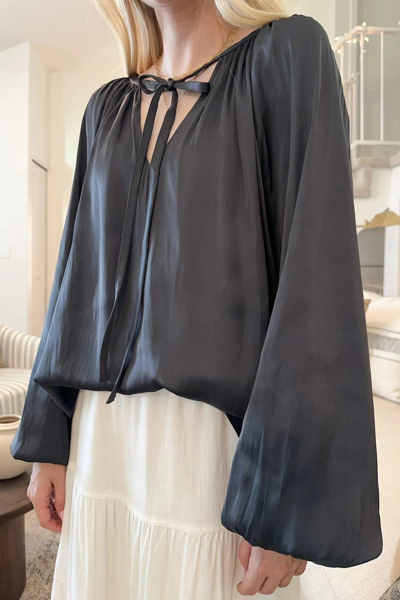 St. Maritz Satin Blouse in Charcoal - Image 2