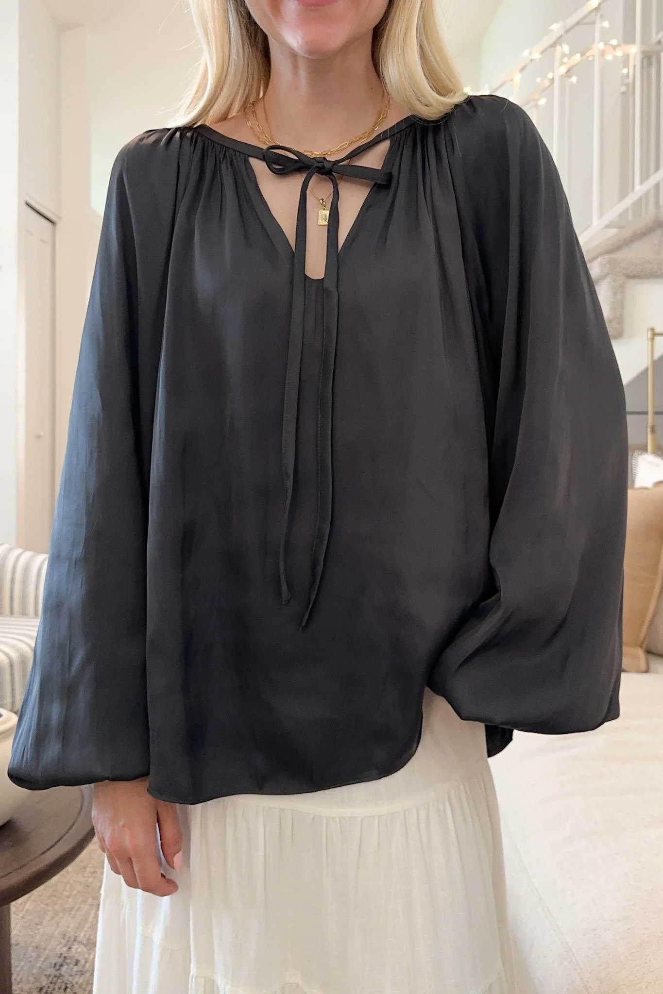 St. Maritz Satin Blouse in Charcoal - Image 3