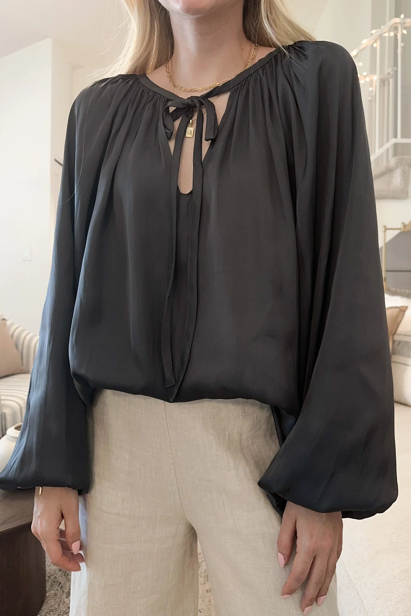 St. Maritz Satin Blouse in Charcoal - Image 4