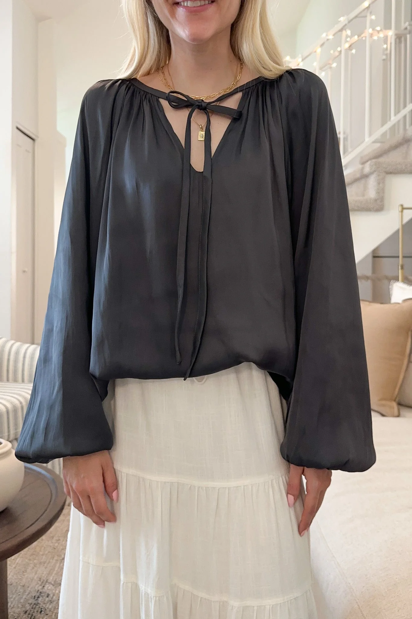 St. Maritz Satin Blouse in Charcoal - Image 7