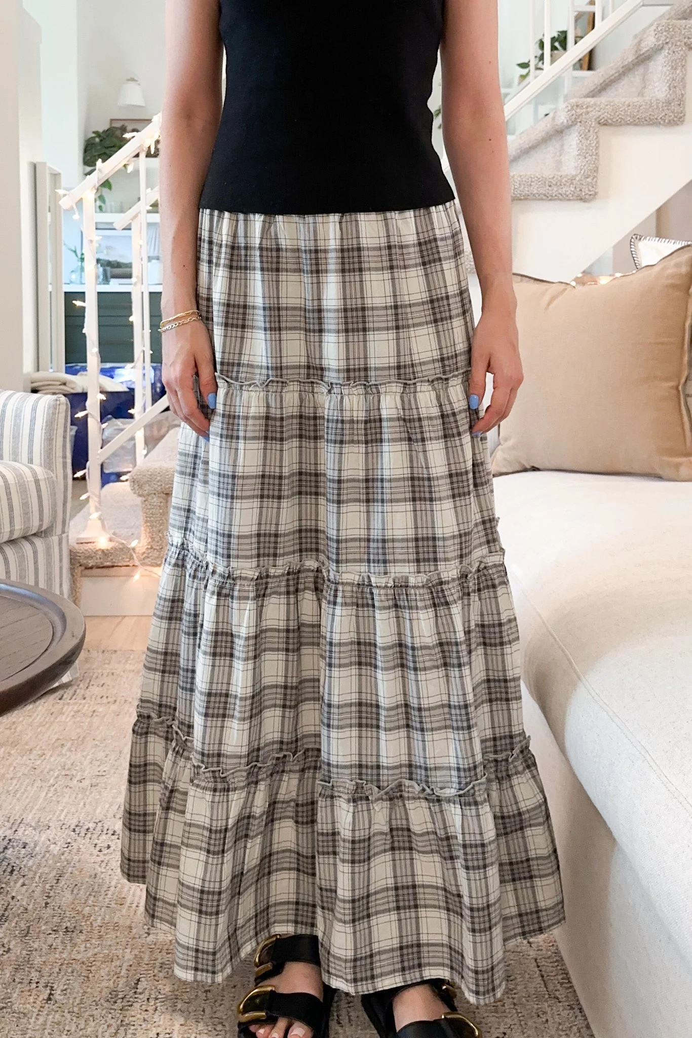 Stowe Plaid Tiered Maxi Skirt