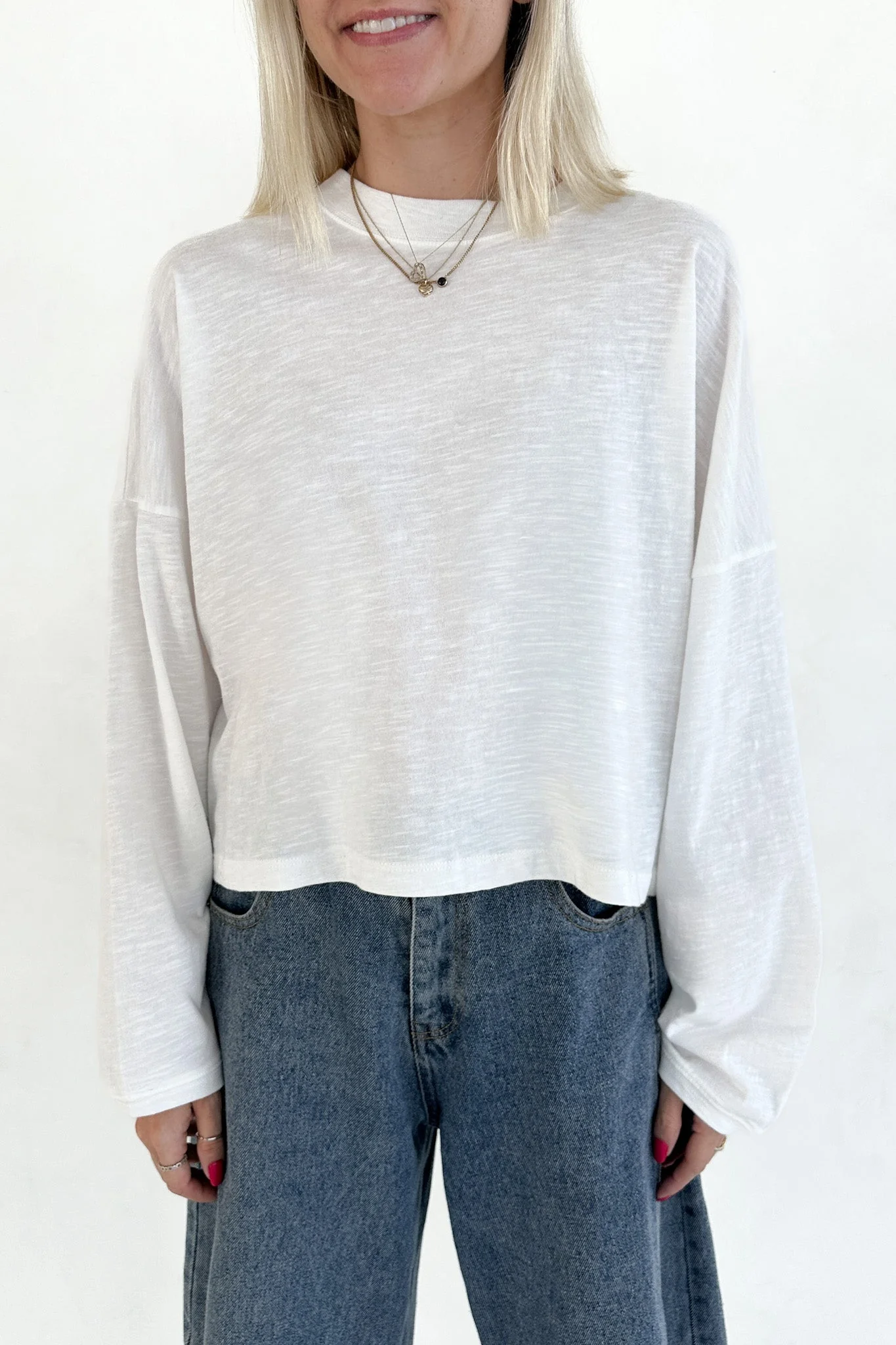 Studio Cropped Lightweight Long Sleeve Top in White