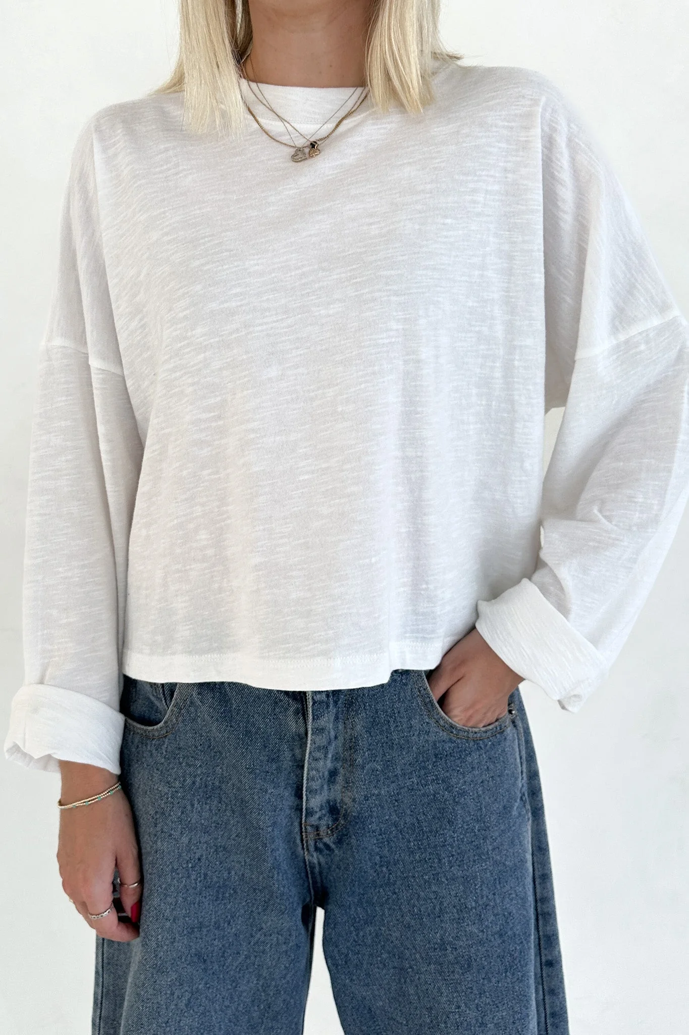 Studio Cropped Lightweight Long Sleeve Top in White - Image 2
