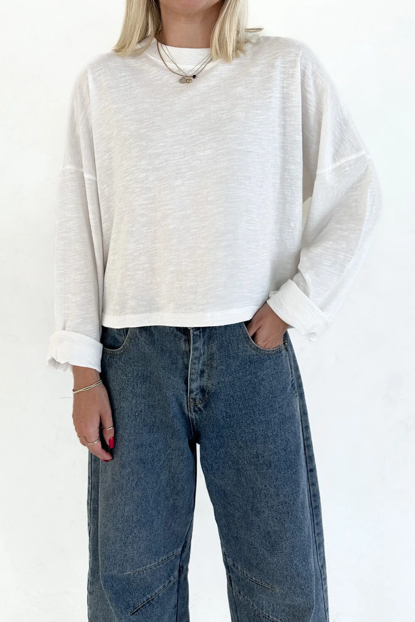 Studio Cropped Lightweight Long Sleeve Top in White - Image 3