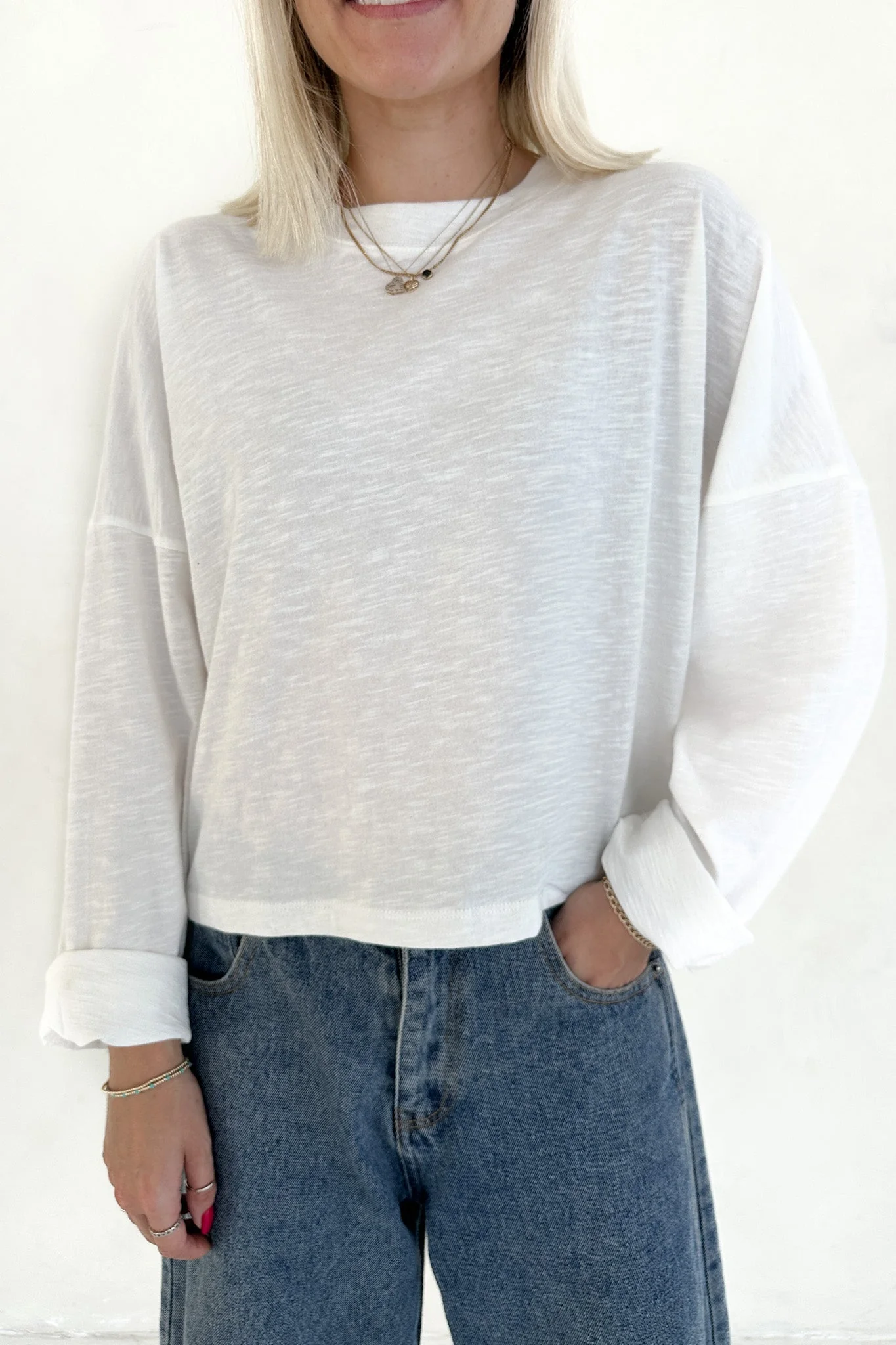 Studio Cropped Lightweight Long Sleeve Top in White - Image 4