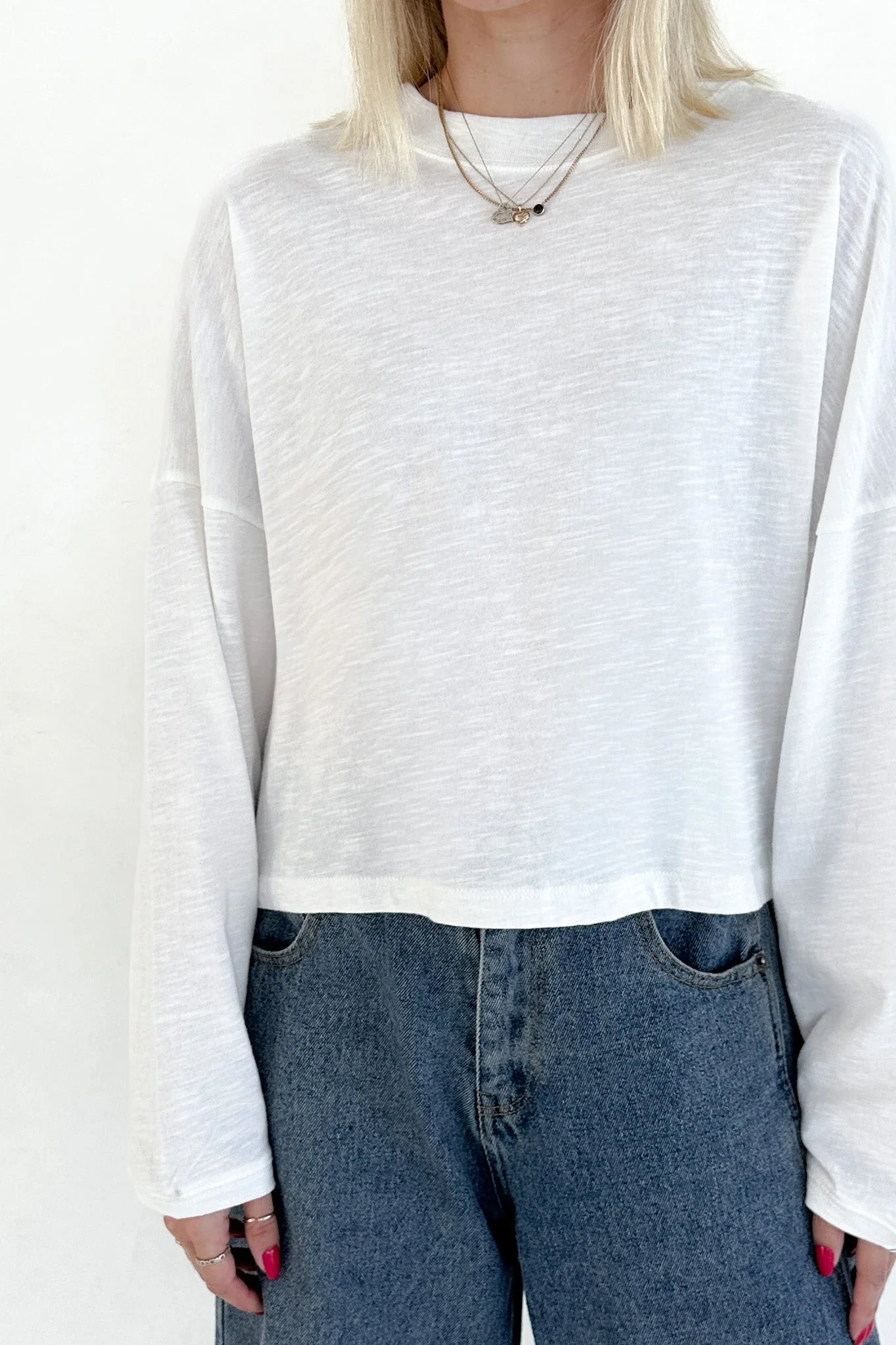 Studio Cropped Lightweight Long Sleeve Top in White - Image 5
