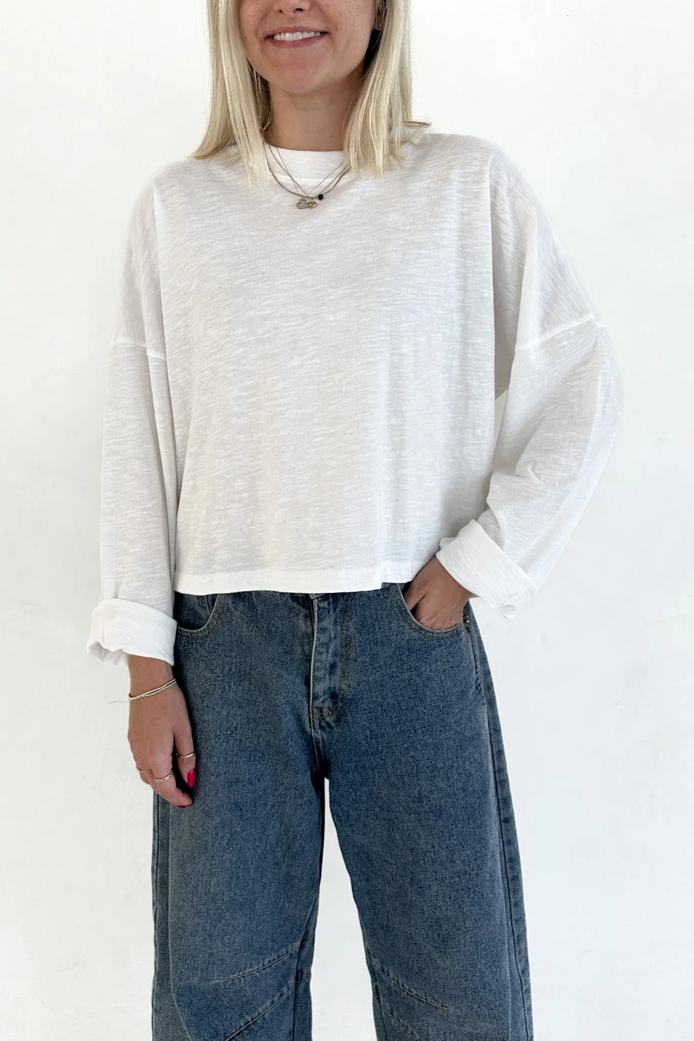 Studio Cropped Lightweight Long Sleeve Top in White - Image 7