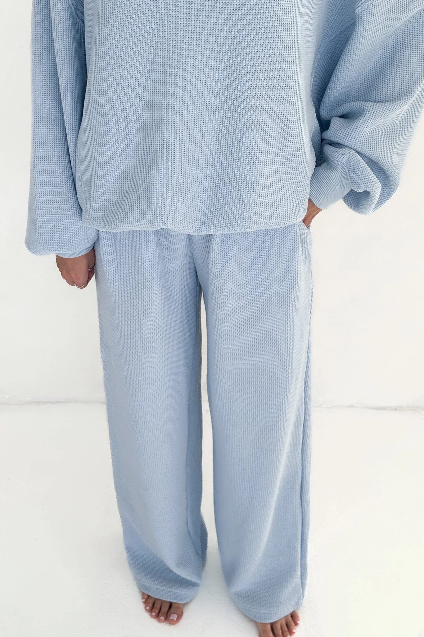 Sundays Waffle Knit Straight Leg Pants in Powder Blue