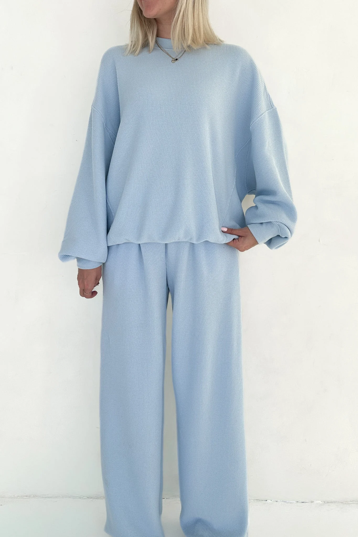 Sundays Waffle Knit Straight Leg Pants in Powder Blue - Image 4