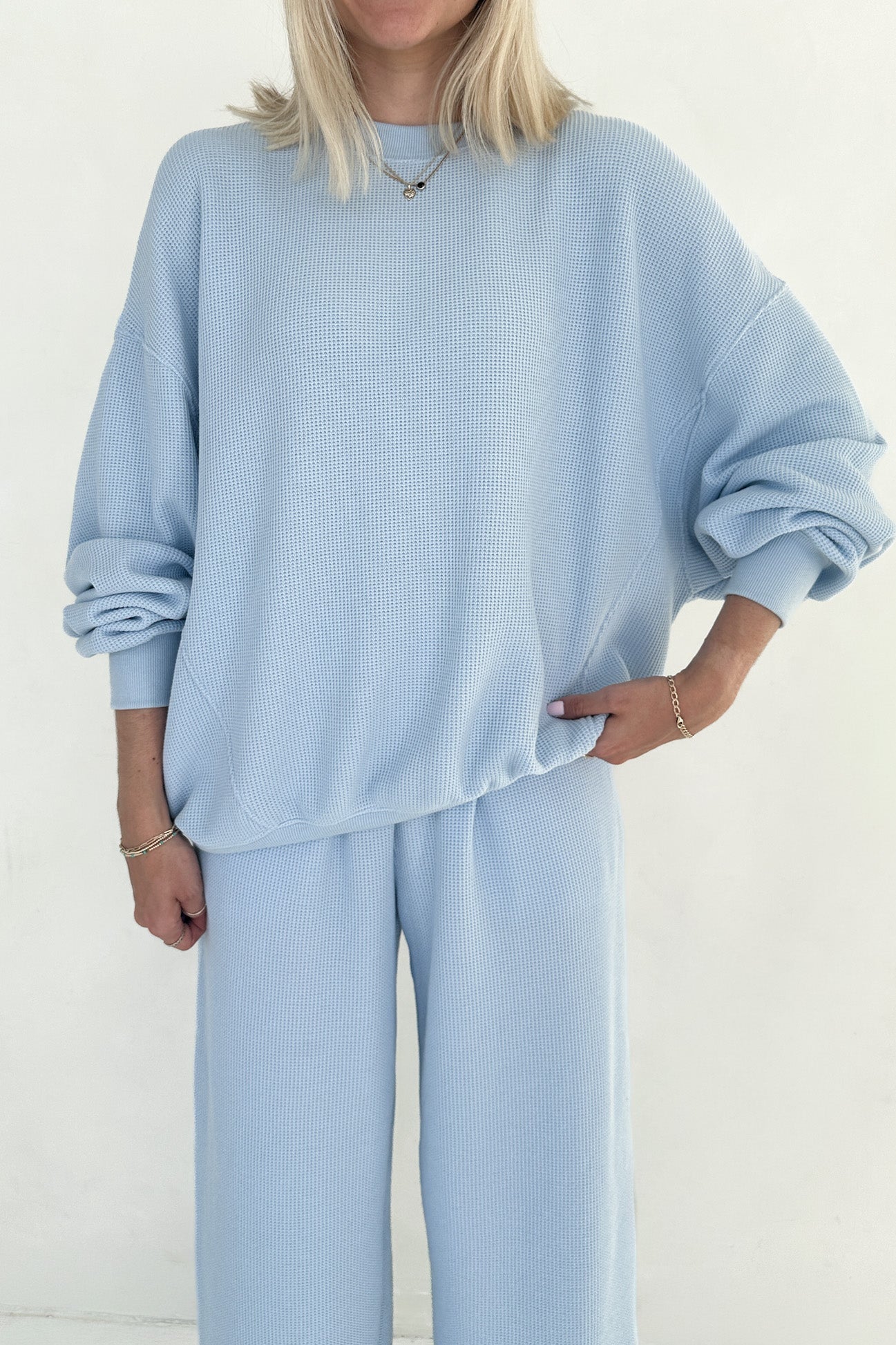 Sundays Waffle Knit Sweatshirt in Powder Blue