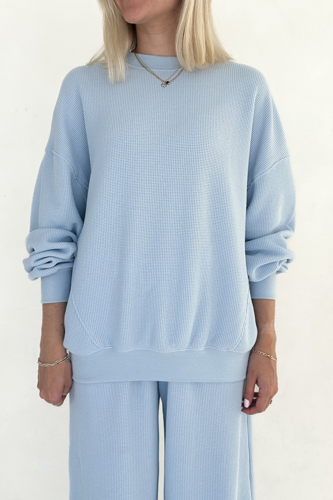 Sundays Waffle Knit Sweatshirt in Powder Blue - Image 2
