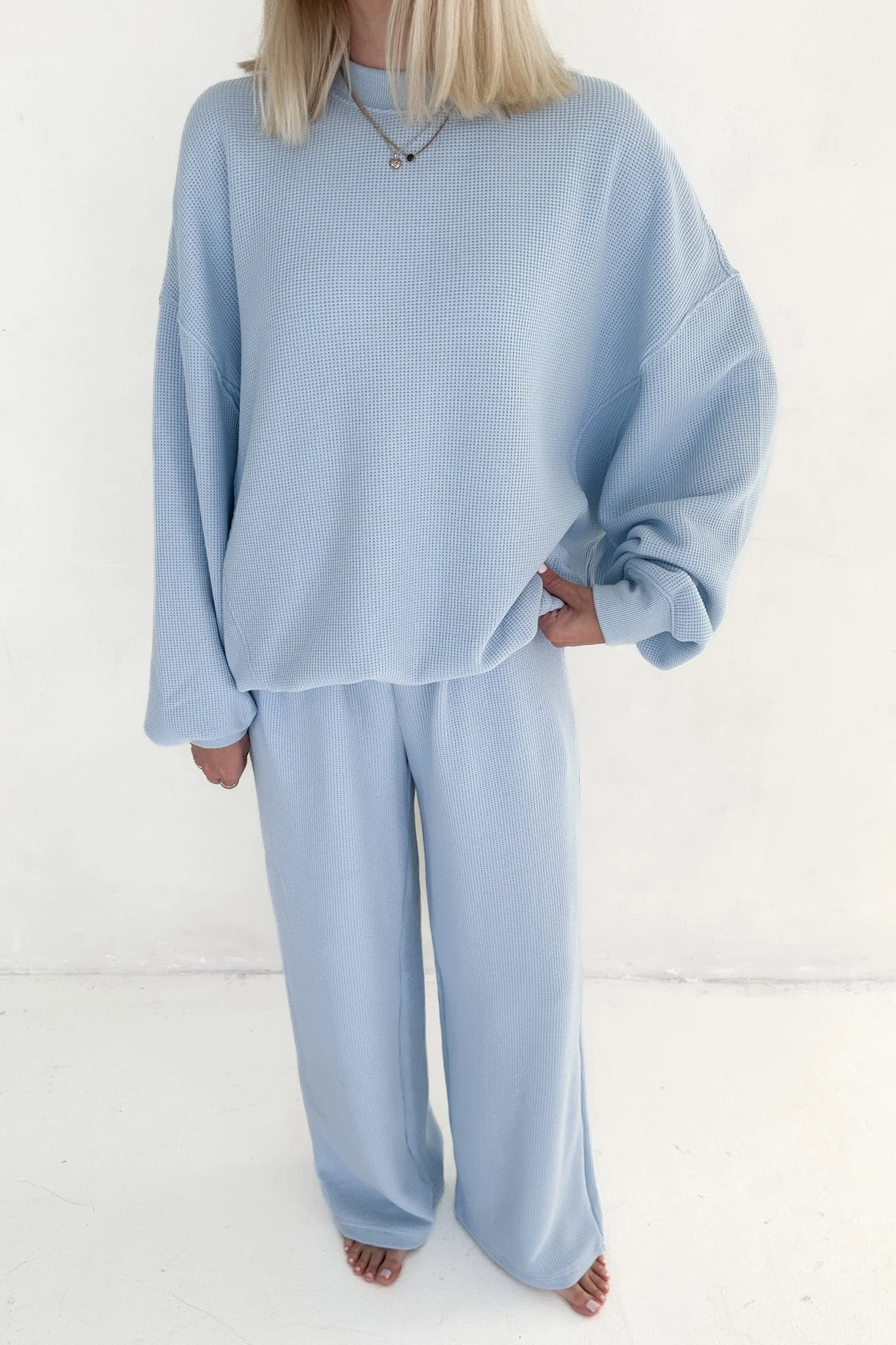 Sundays Waffle Knit Sweatshirt in Powder Blue - Image 4