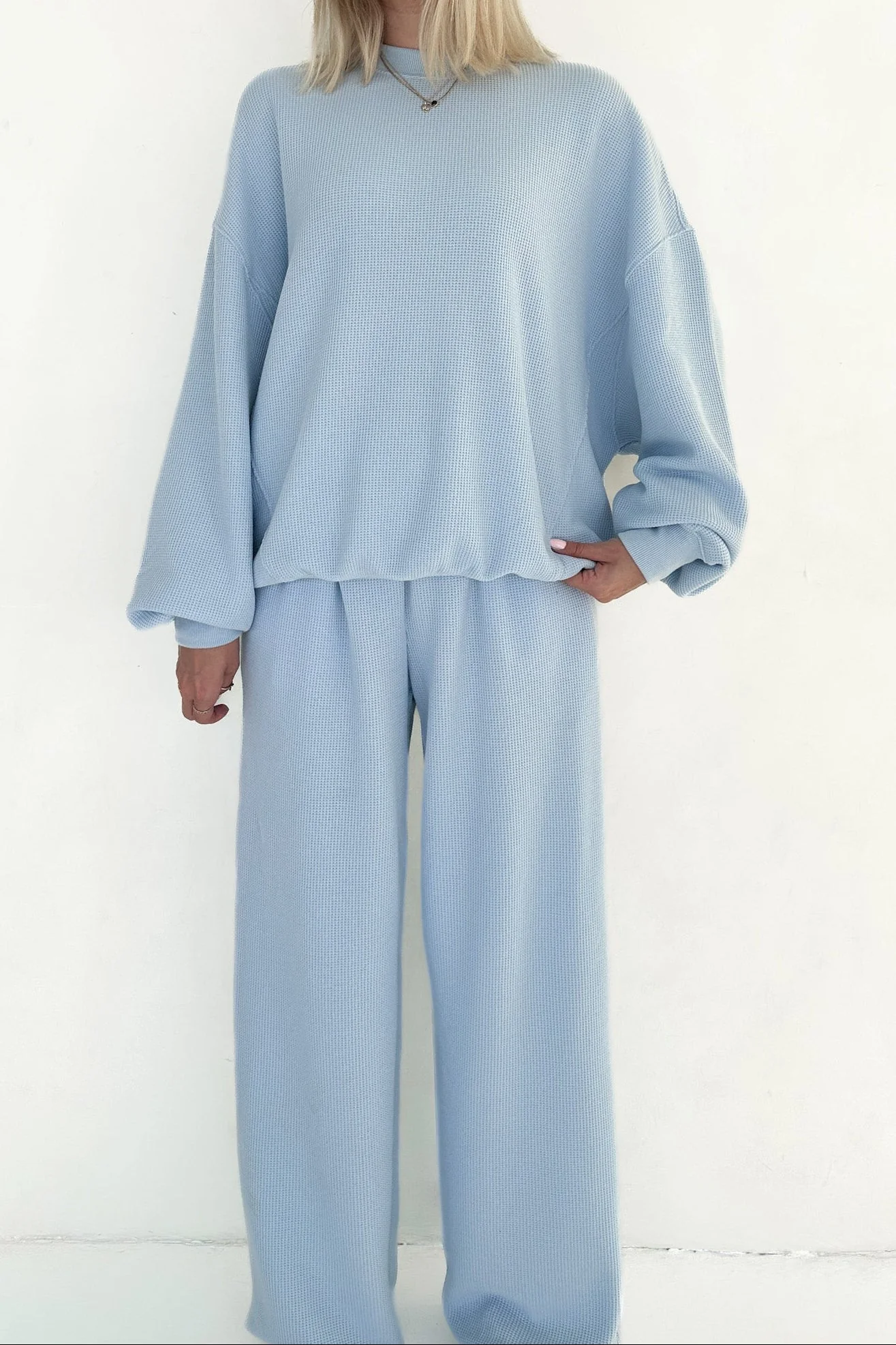 Sundays Waffle Knit Sweatshirt in Powder Blue - Image 5
