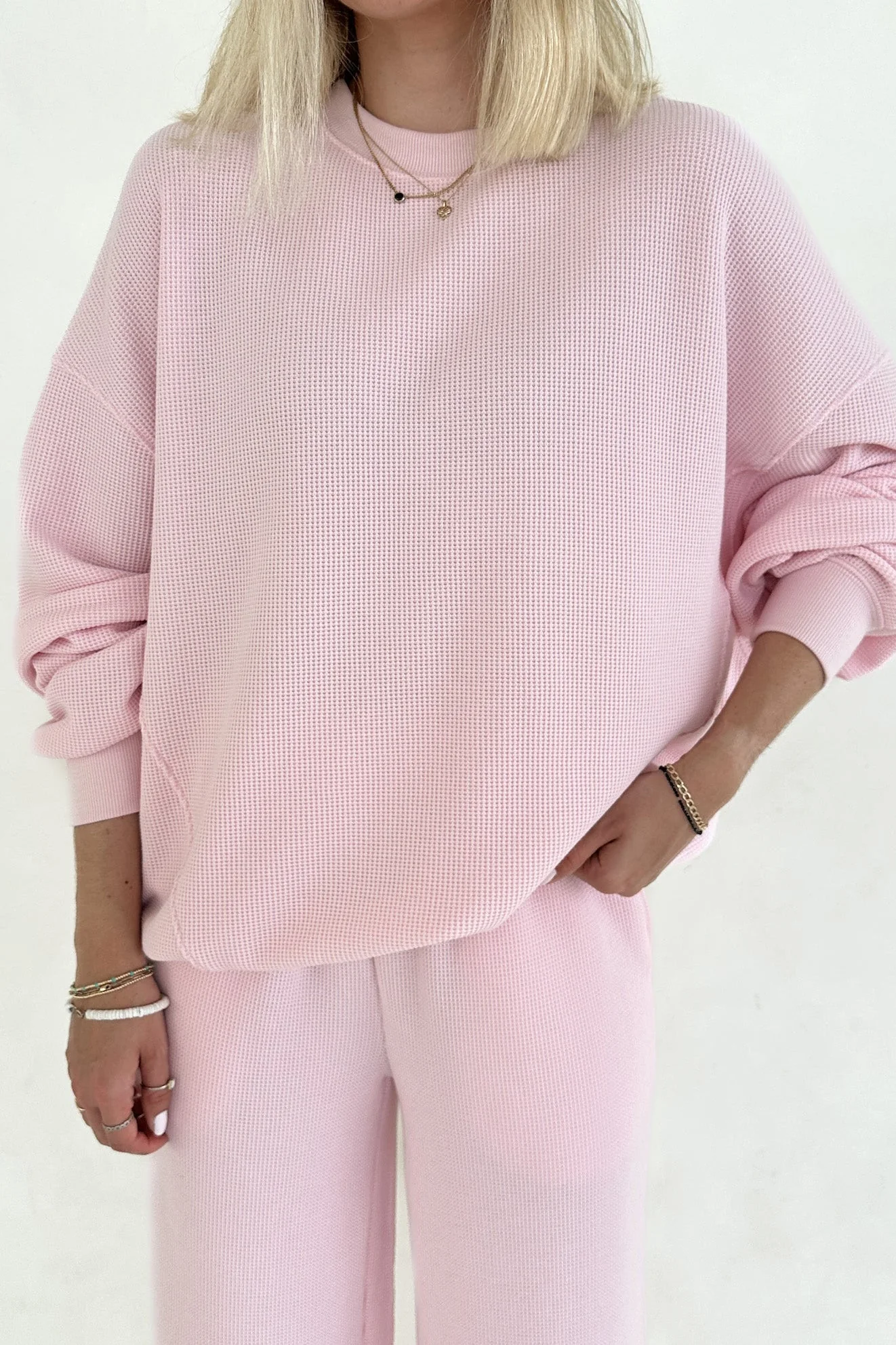 Sundays Waffle Knit Sweatshirt in Sweet Pink