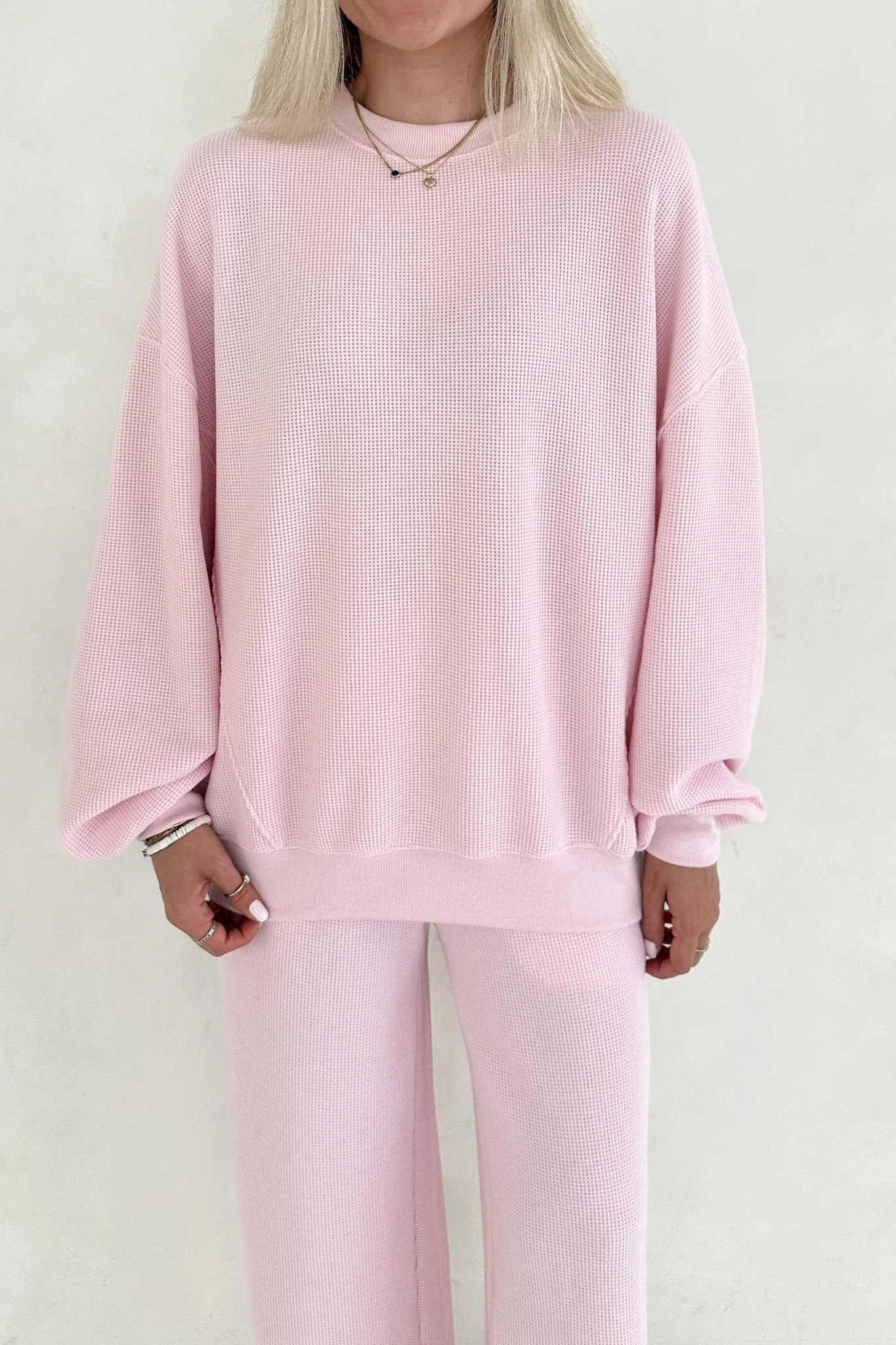 Sundays Waffle Knit Sweatshirt in Sweet Pink - Image 2